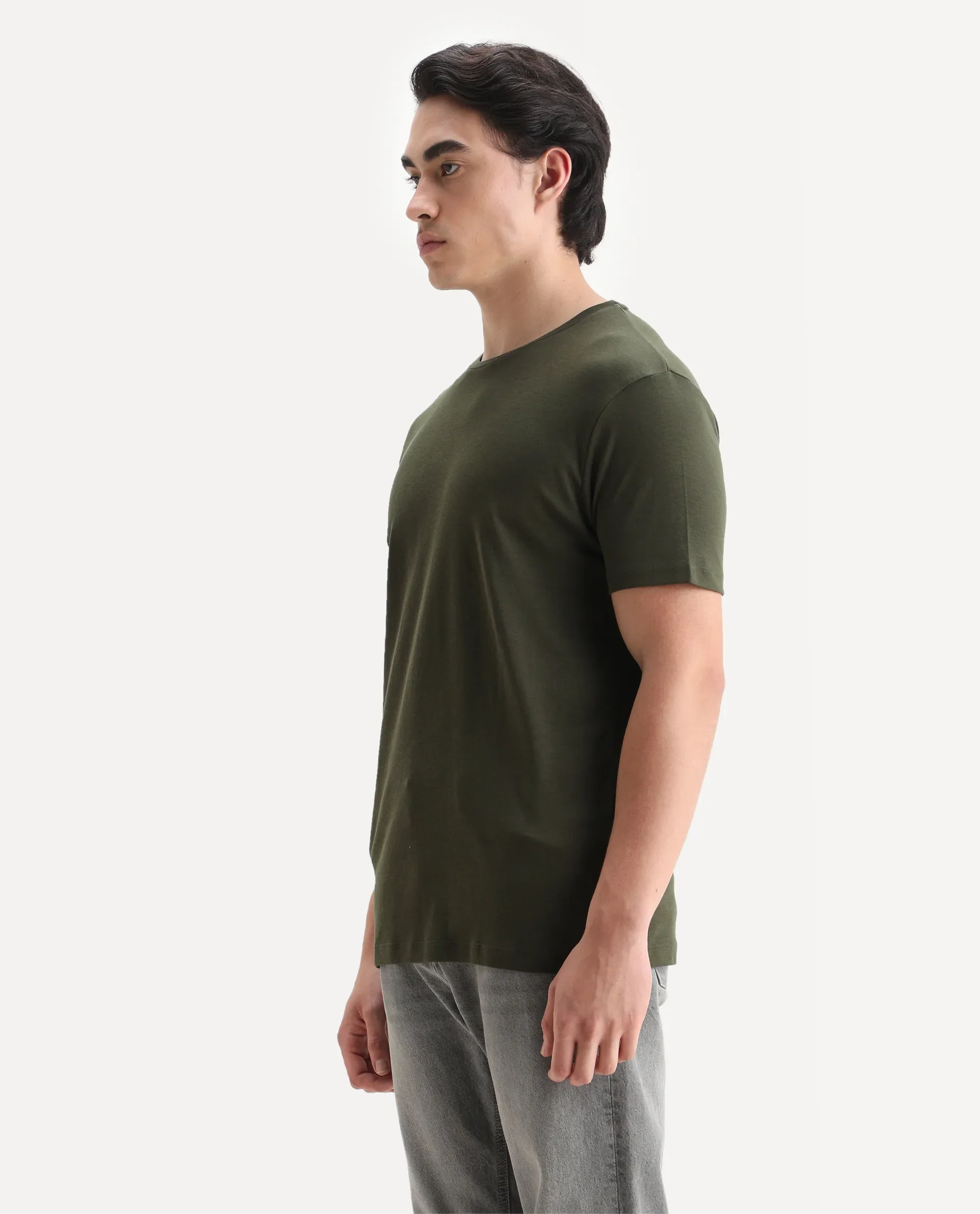 Rare Rabbit Men's Gis Olive Cotton Plain Slim Fit Half Sleeve Crew Neck T-Shirt - Image 4