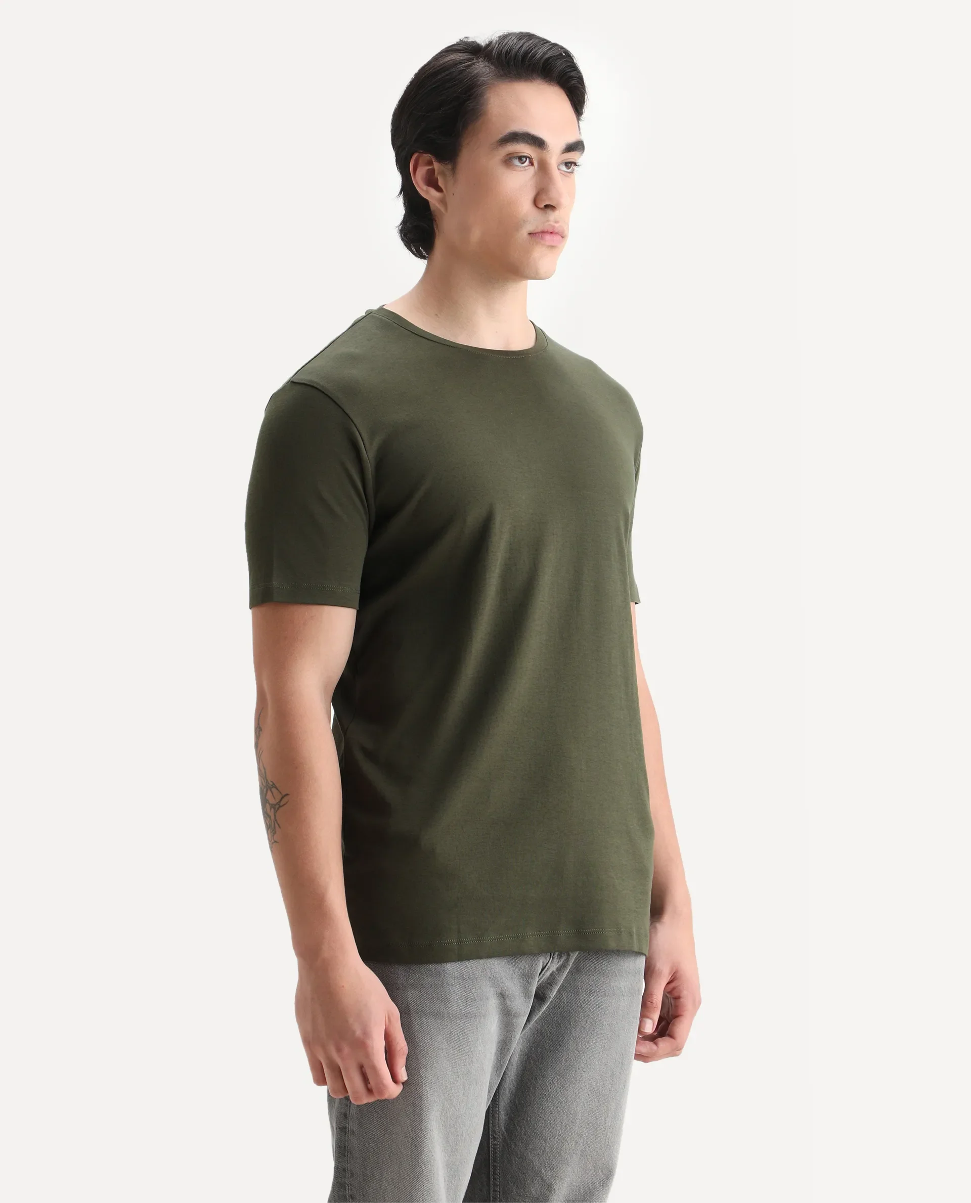 Rare Rabbit Men's Gis Olive Cotton Plain Slim Fit Half Sleeve Crew Neck T-Shirt - Image 5