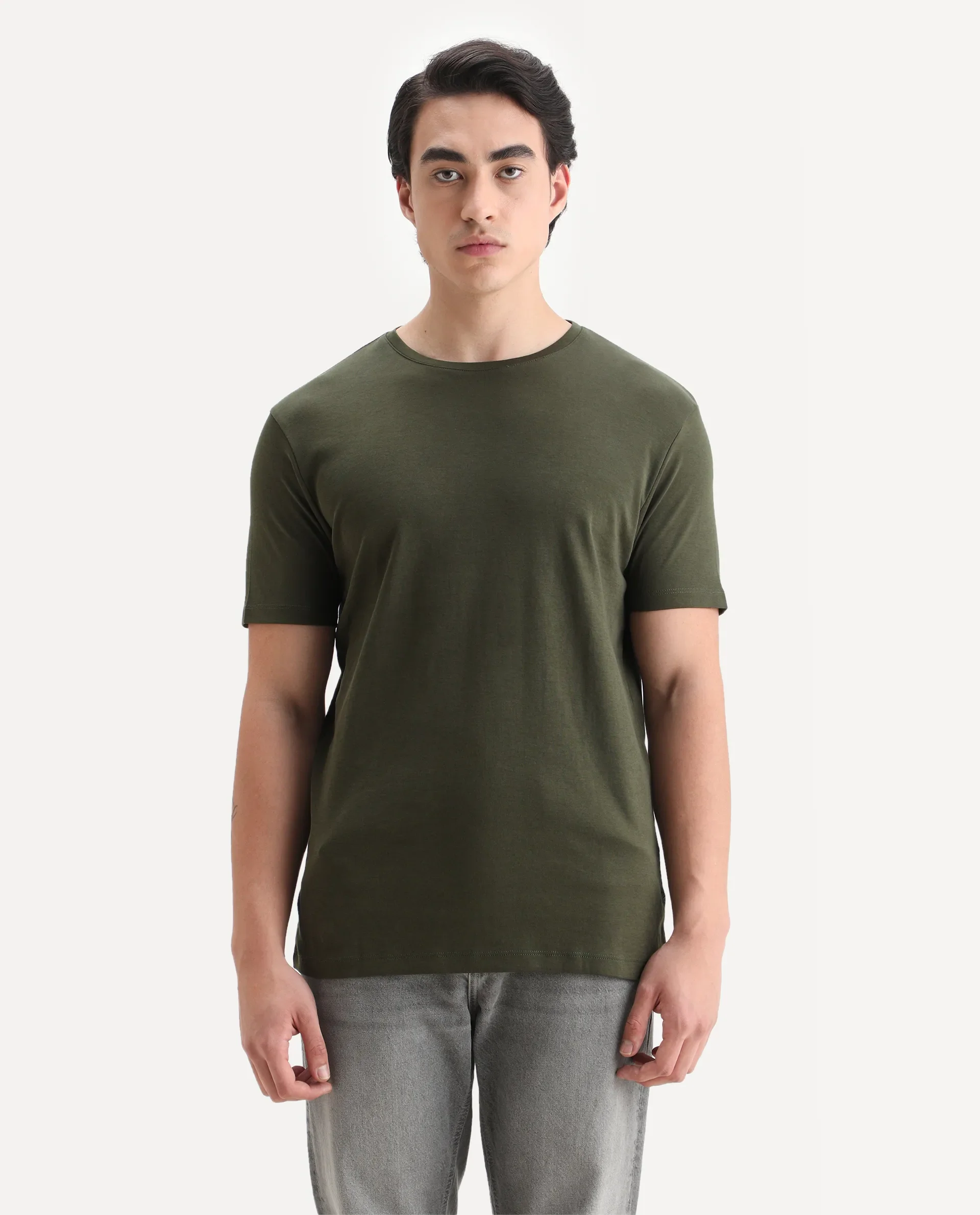 Rare Rabbit Men's Gis Olive Cotton Plain Slim Fit Half Sleeve Crew Neck T-Shirt - Image 6