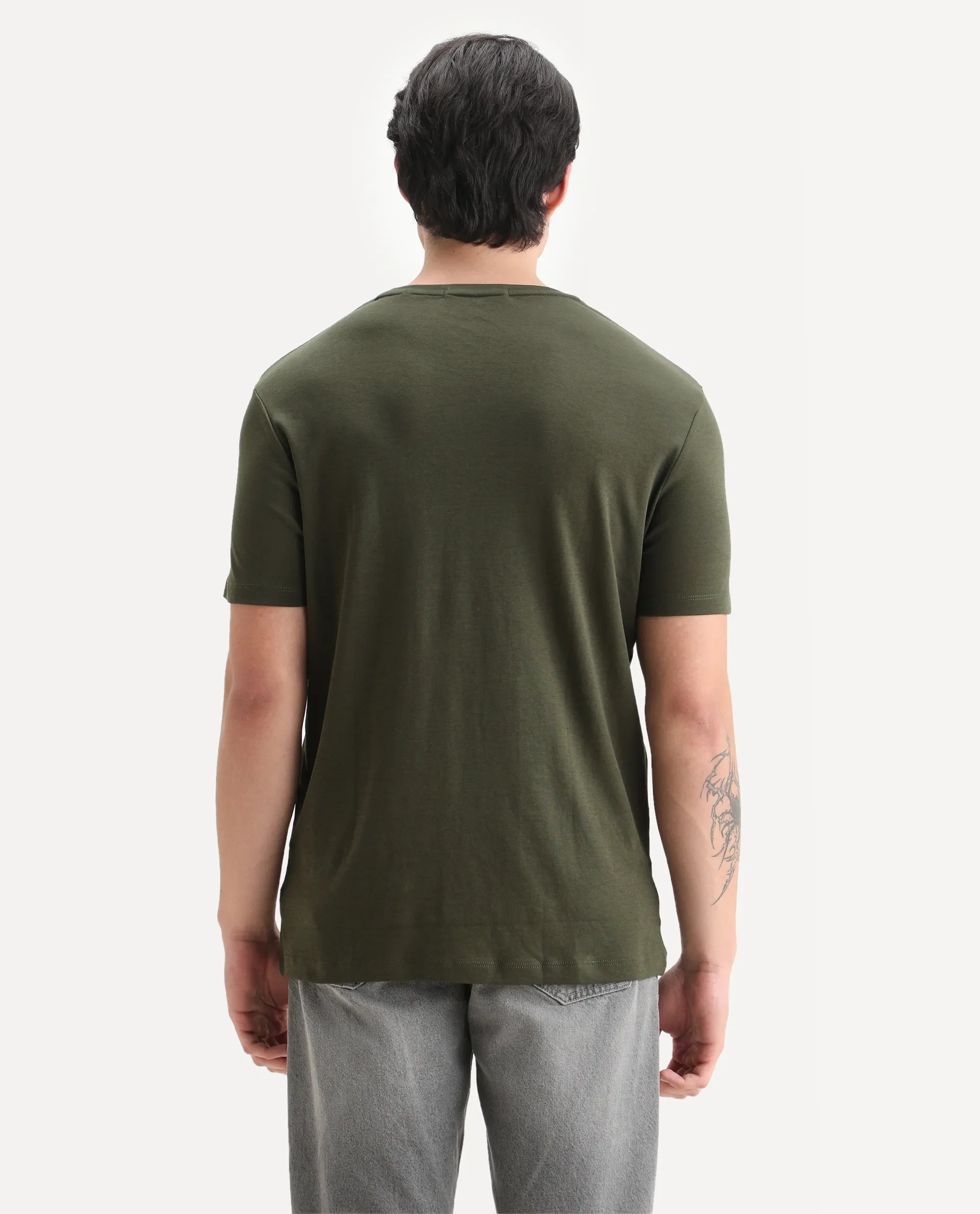 Rare Rabbit Men's Gis Olive Cotton Plain Slim Fit Half Sleeve Crew Neck T-Shirt - Image 7