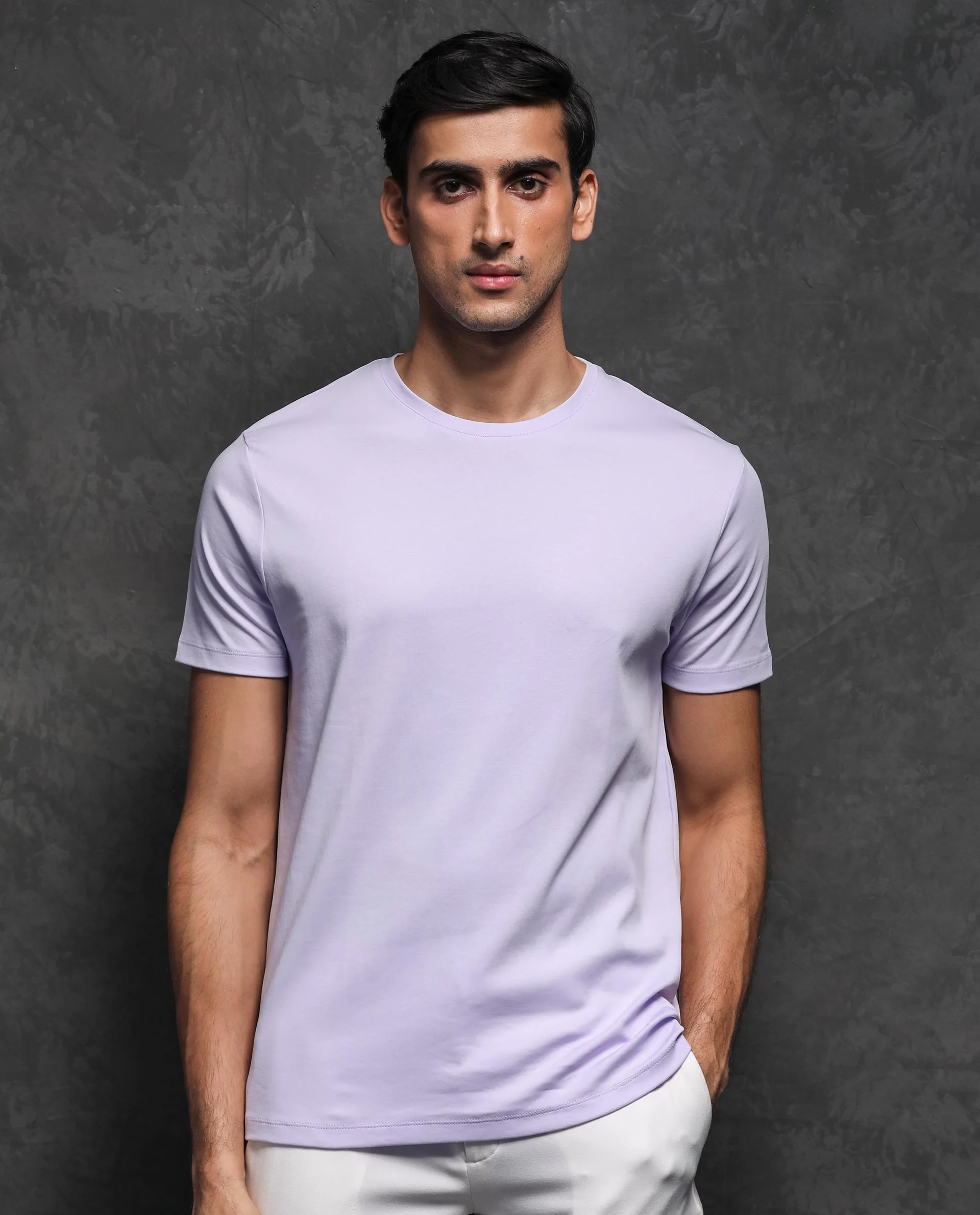 Rare Rabbit Men's Gis Pastel Purple Cotton Plain Slim Fit Half Sleeve Crew Neck T-Shirt