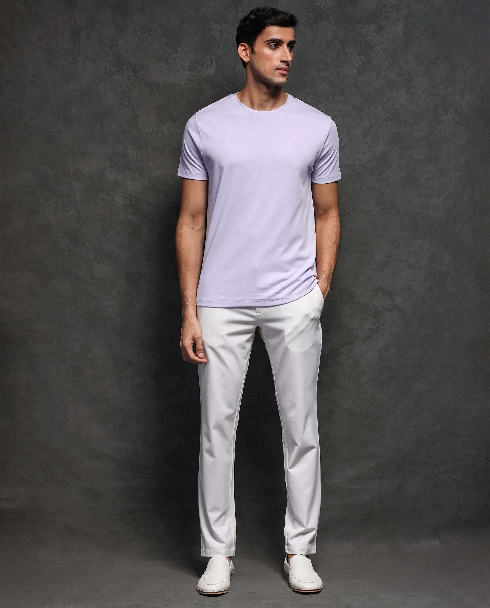 Rare Rabbit Men's Gis Pastel Purple Cotton Plain Slim Fit Half Sleeve Crew Neck T-Shirt - Image 2