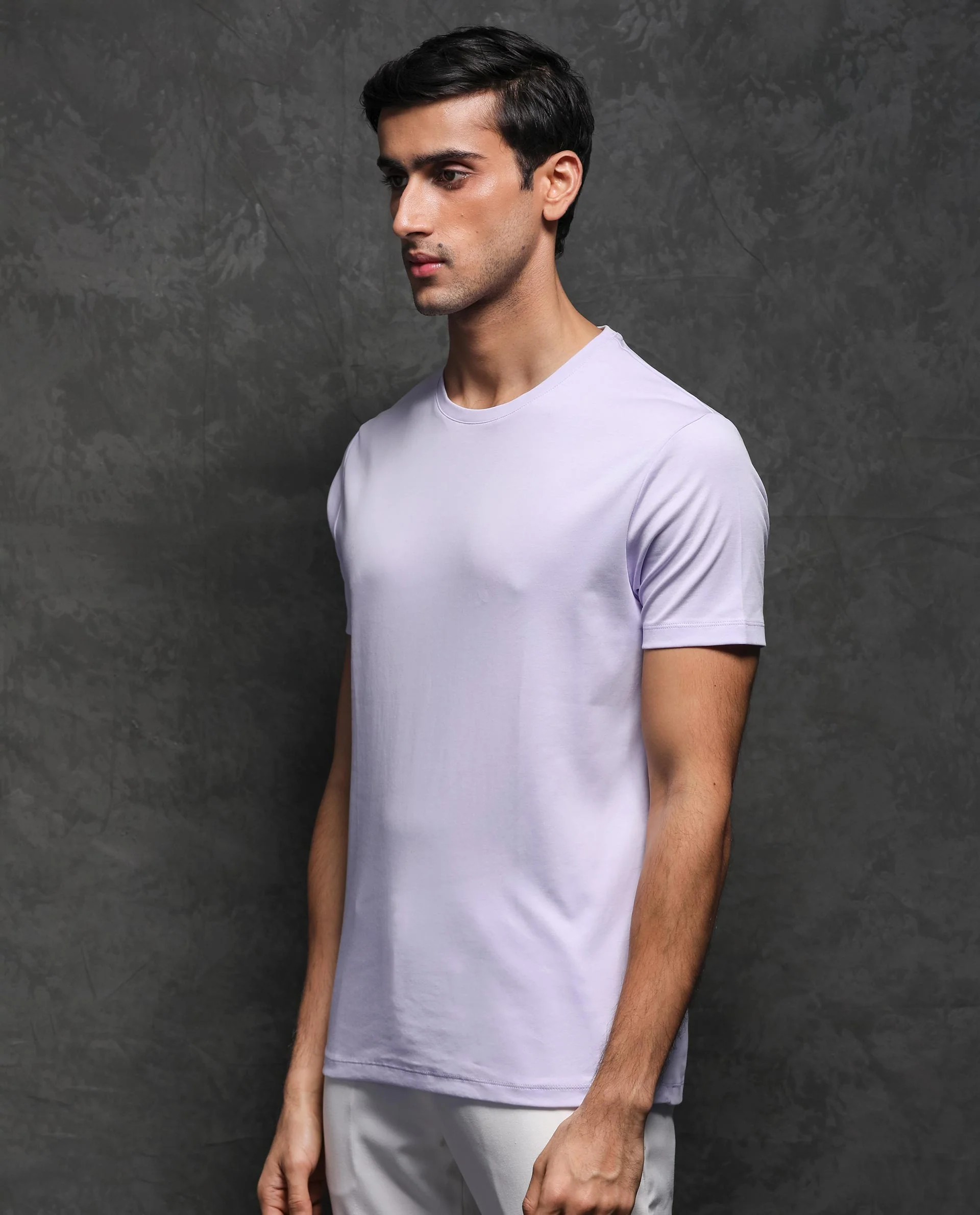 Rare Rabbit Men's Gis Pastel Purple Cotton Plain Slim Fit Half Sleeve Crew Neck T-Shirt - Image 4