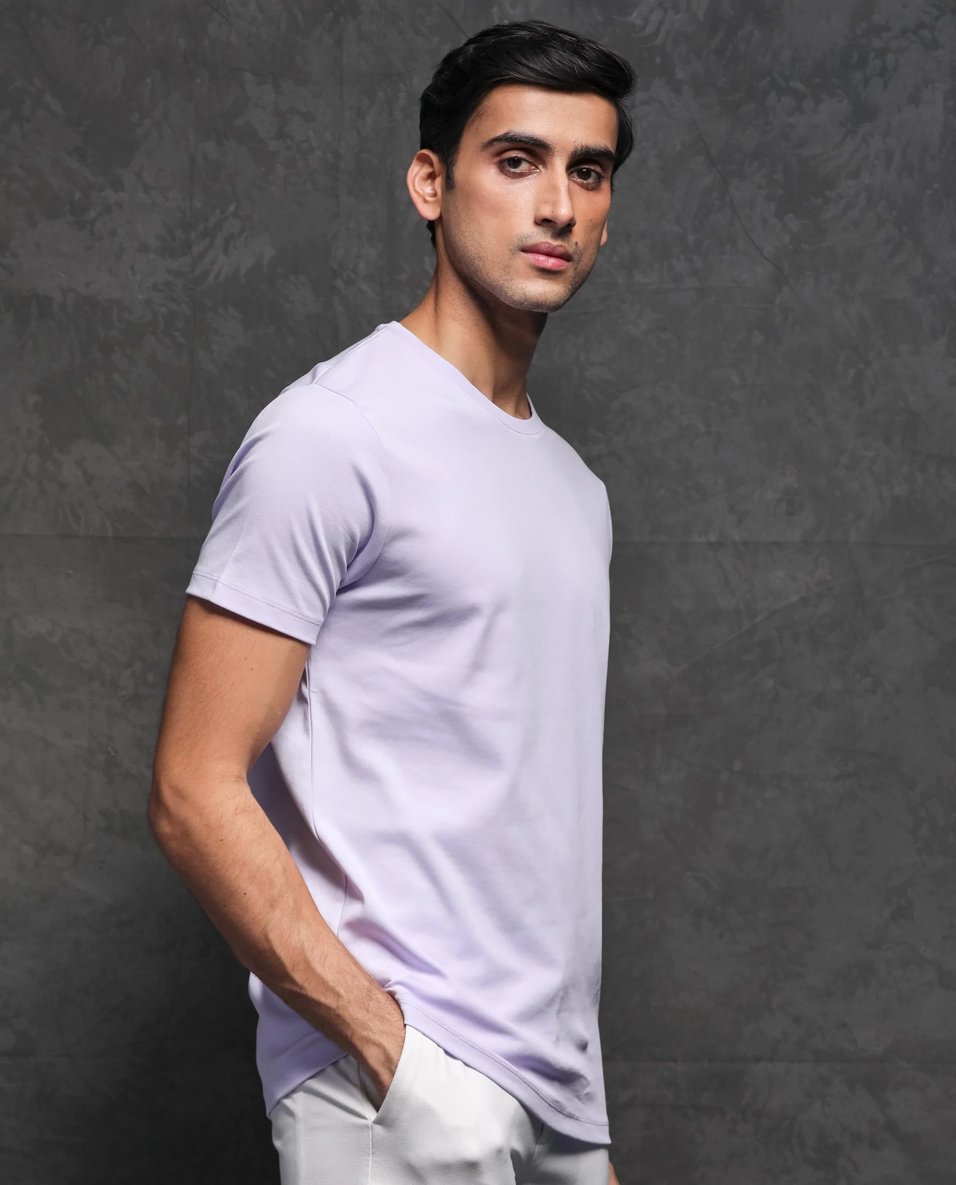 Rare Rabbit Men's Gis Pastel Purple Cotton Plain Slim Fit Half Sleeve Crew Neck T-Shirt - Image 5