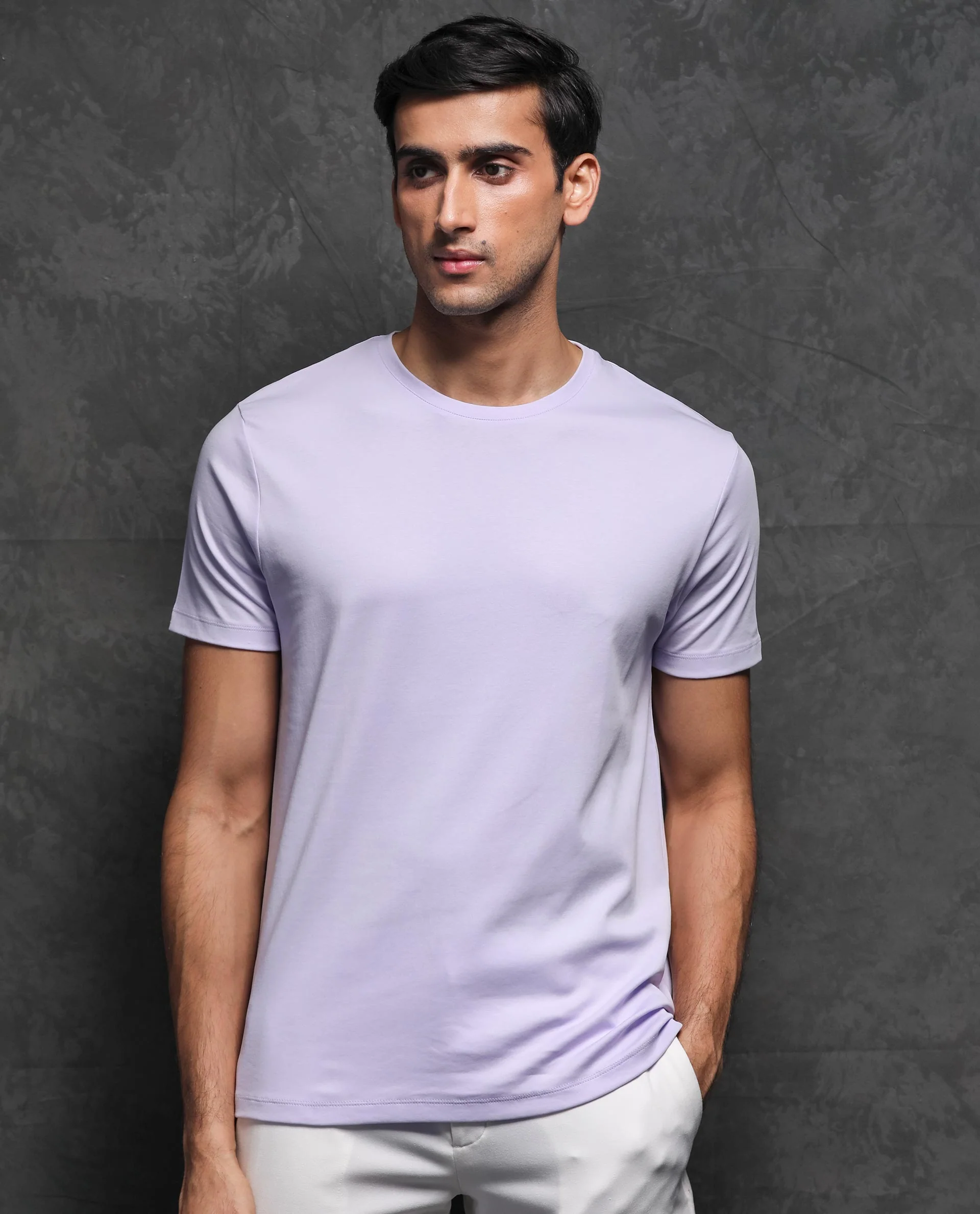 Rare Rabbit Men's Gis Pastel Purple Cotton Plain Slim Fit Half Sleeve Crew Neck T-Shirt - Image 6
