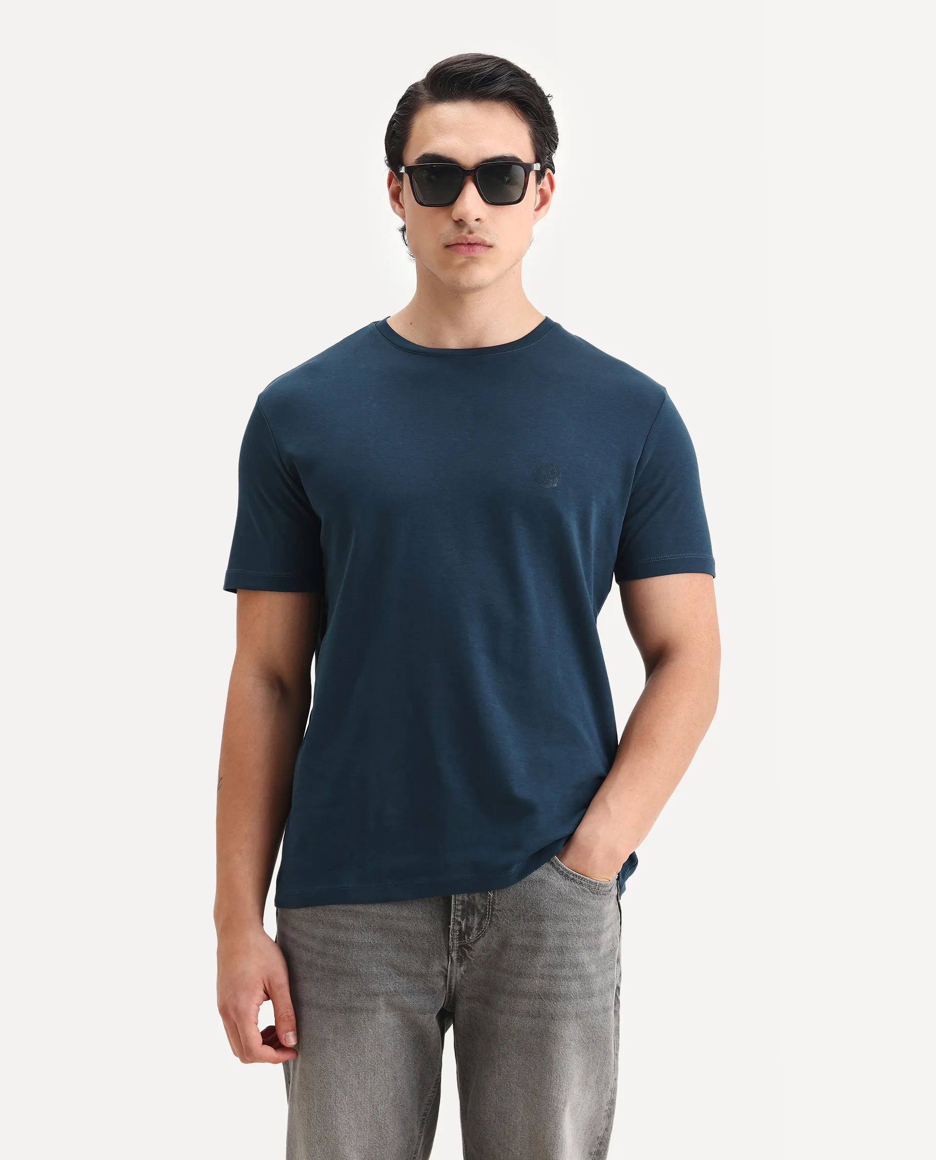 Rare Rabbit Men's Gis Petrol Cotton Plain Regular Fit Half Sleeve Crew Neck T-Shirt