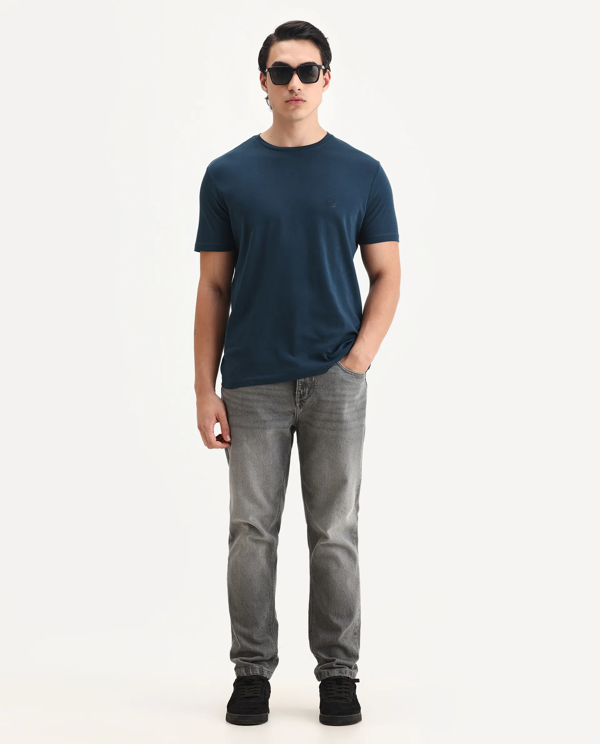 Rare Rabbit Men's Gis Petrol Cotton Plain Regular Fit Half Sleeve Crew Neck T-Shirt - Image 2