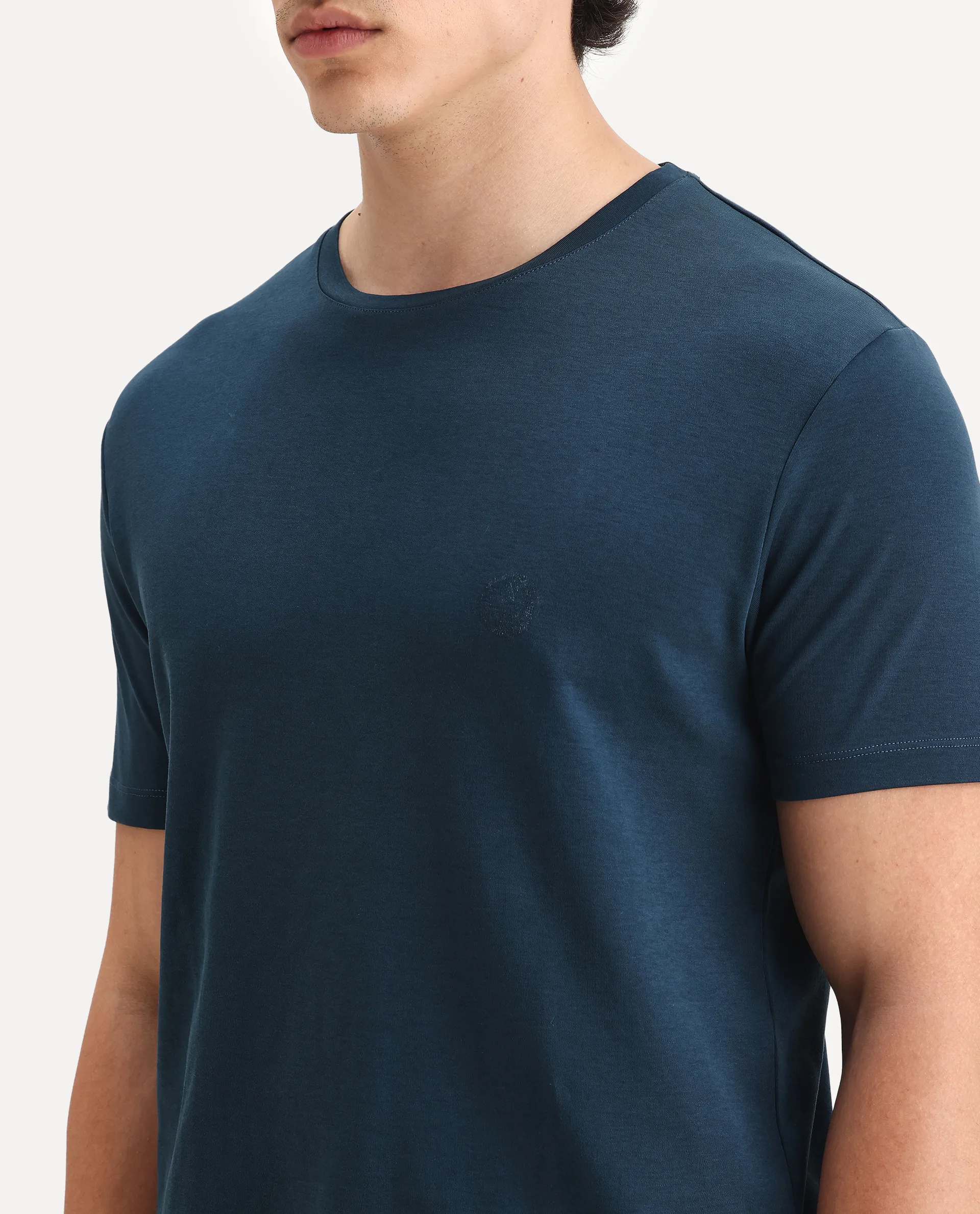 Rare Rabbit Men's Gis Petrol Cotton Plain Regular Fit Half Sleeve Crew Neck T-Shirt - Image 3