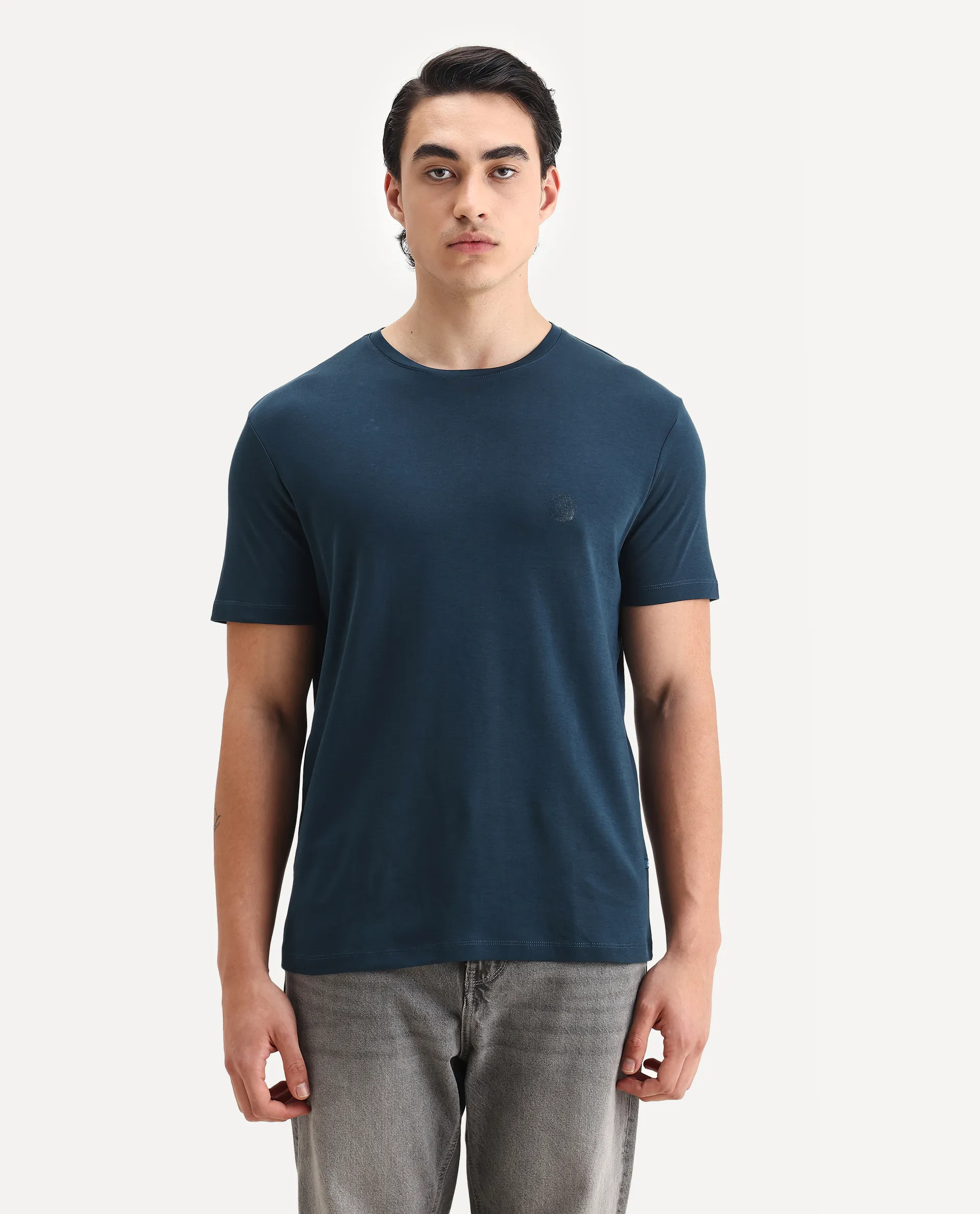 Rare Rabbit Men's Gis Petrol Cotton Plain Regular Fit Half Sleeve Crew Neck T-Shirt - Image 4
