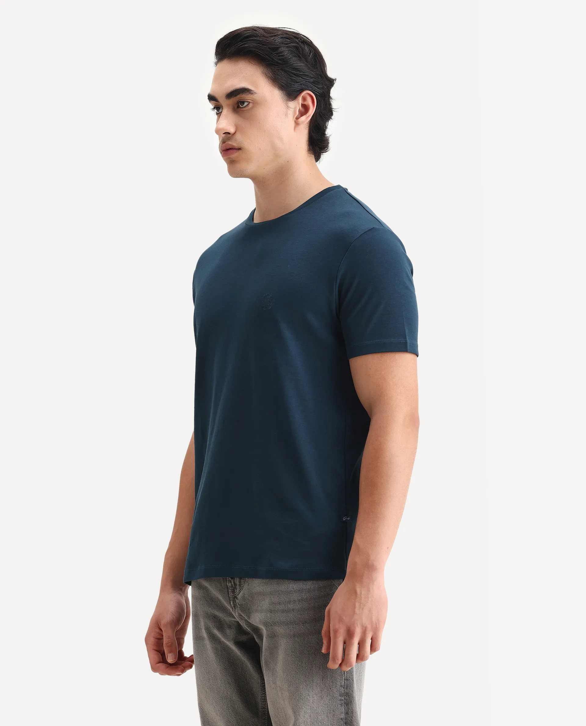 Rare Rabbit Men's Gis Petrol Cotton Plain Regular Fit Half Sleeve Crew Neck T-Shirt - Image 5