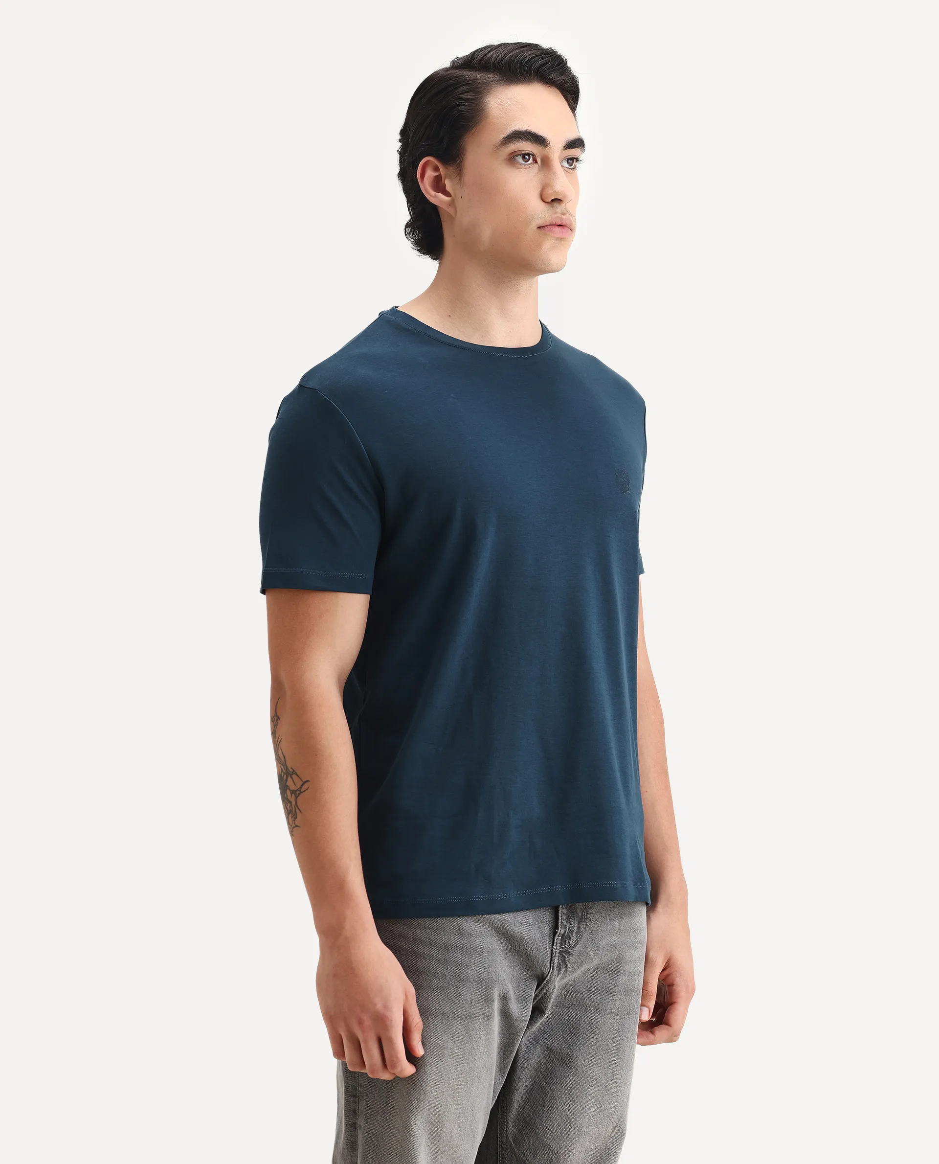 Rare Rabbit Men's Gis Petrol Cotton Plain Regular Fit Half Sleeve Crew Neck T-Shirt - Image 6