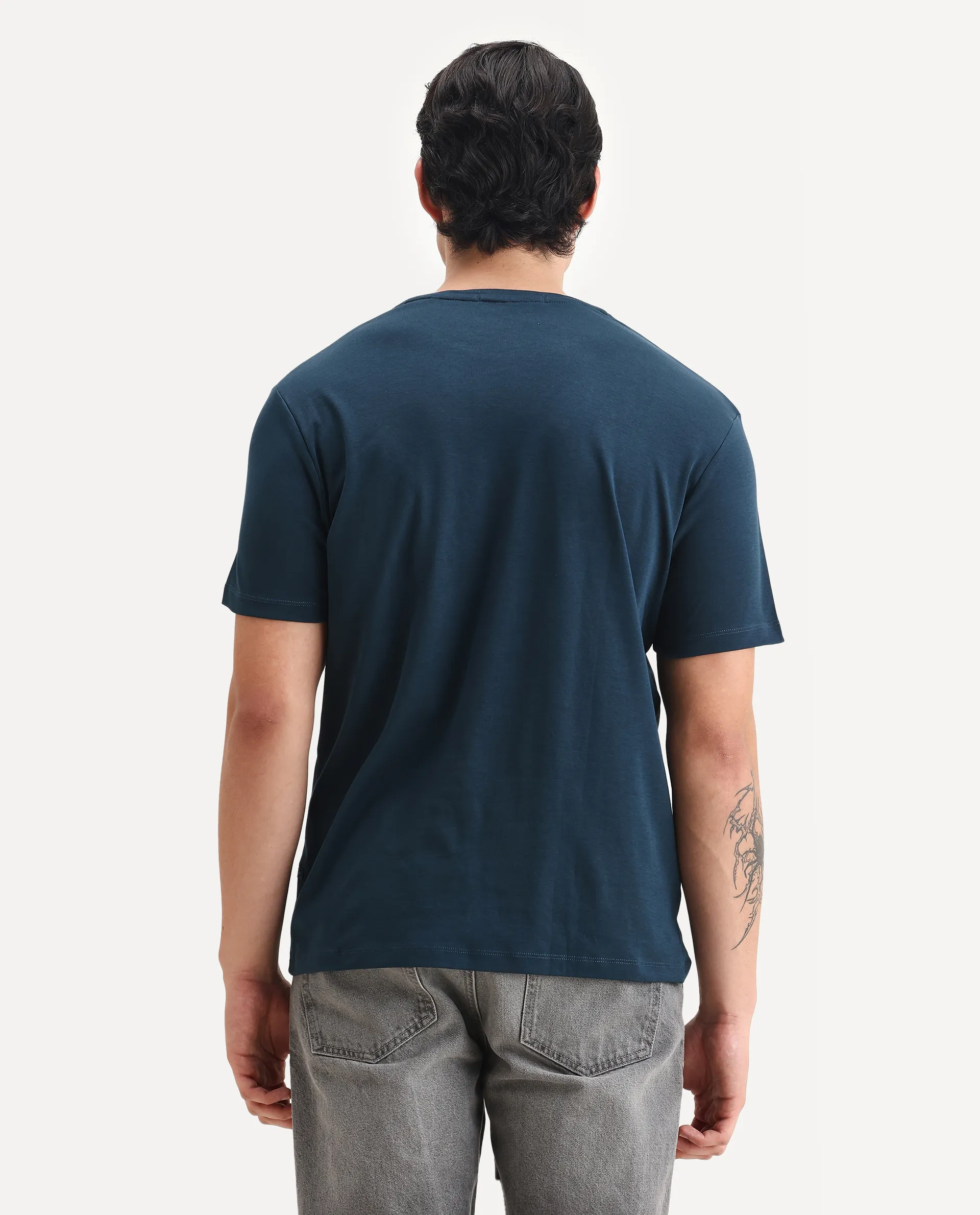 Rare Rabbit Men's Gis Petrol Cotton Plain Regular Fit Half Sleeve Crew Neck T-Shirt - Image 7