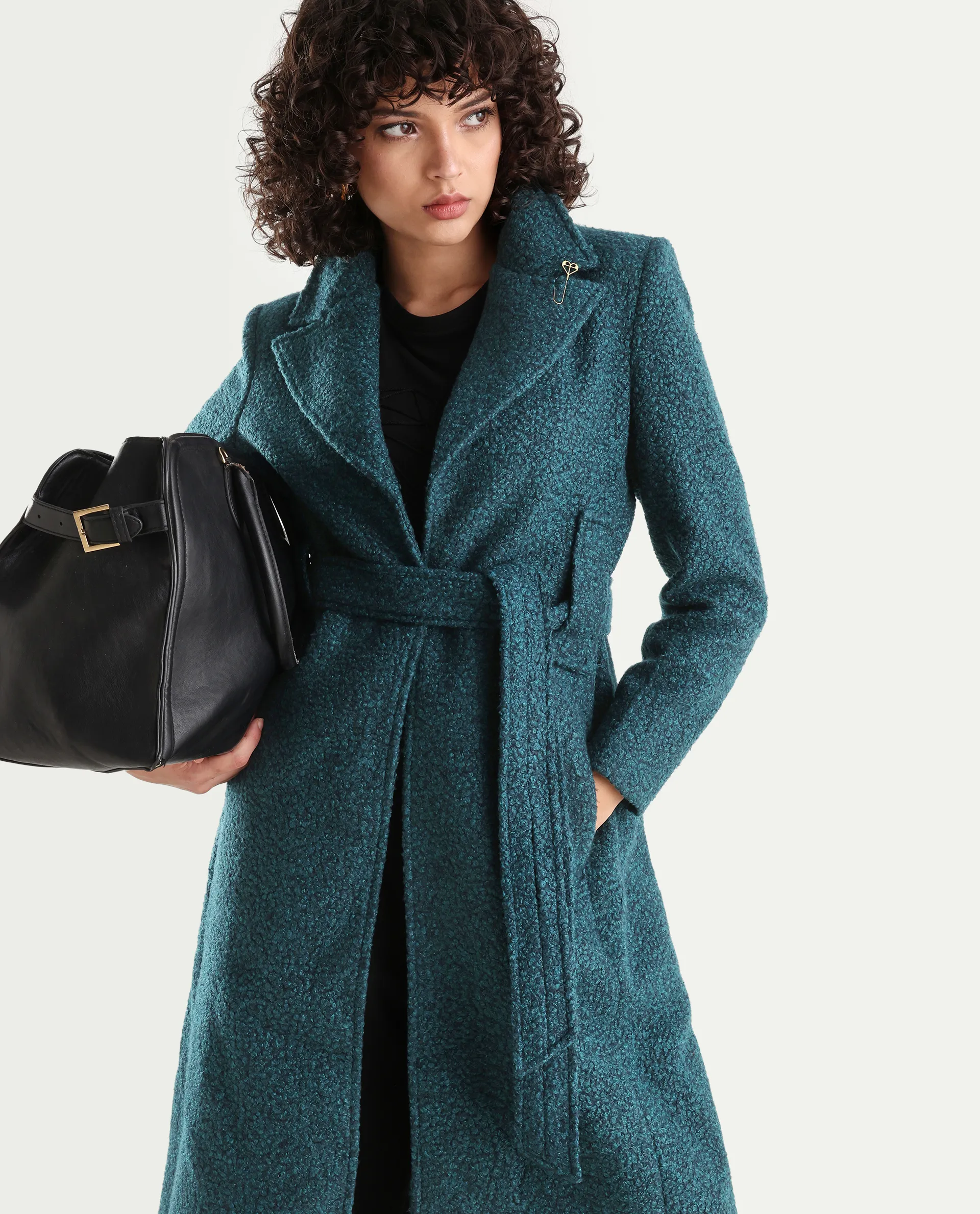 Rareism Women's Gisbor Teal Cotton Blend Lapel Neck Plain Midi Regular Fit Jacket - Image 2