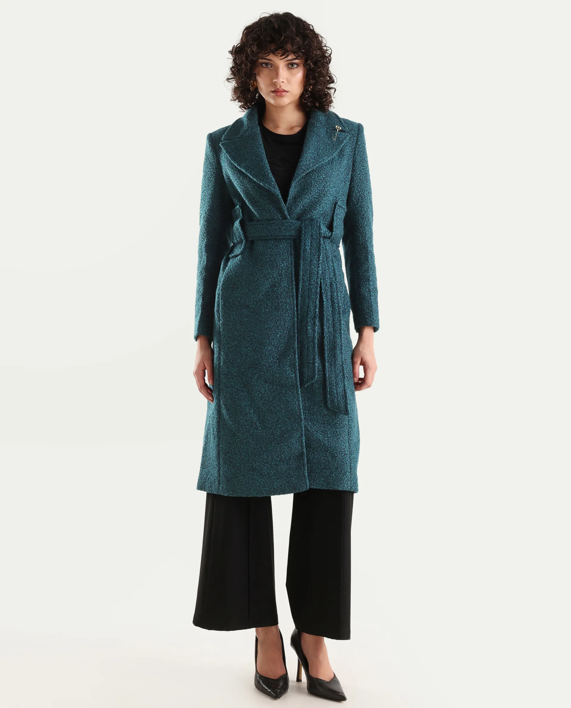 Rareism Women's Gisbor Teal Cotton Blend Lapel Neck Plain Midi Regular Fit Jacket - Image 3