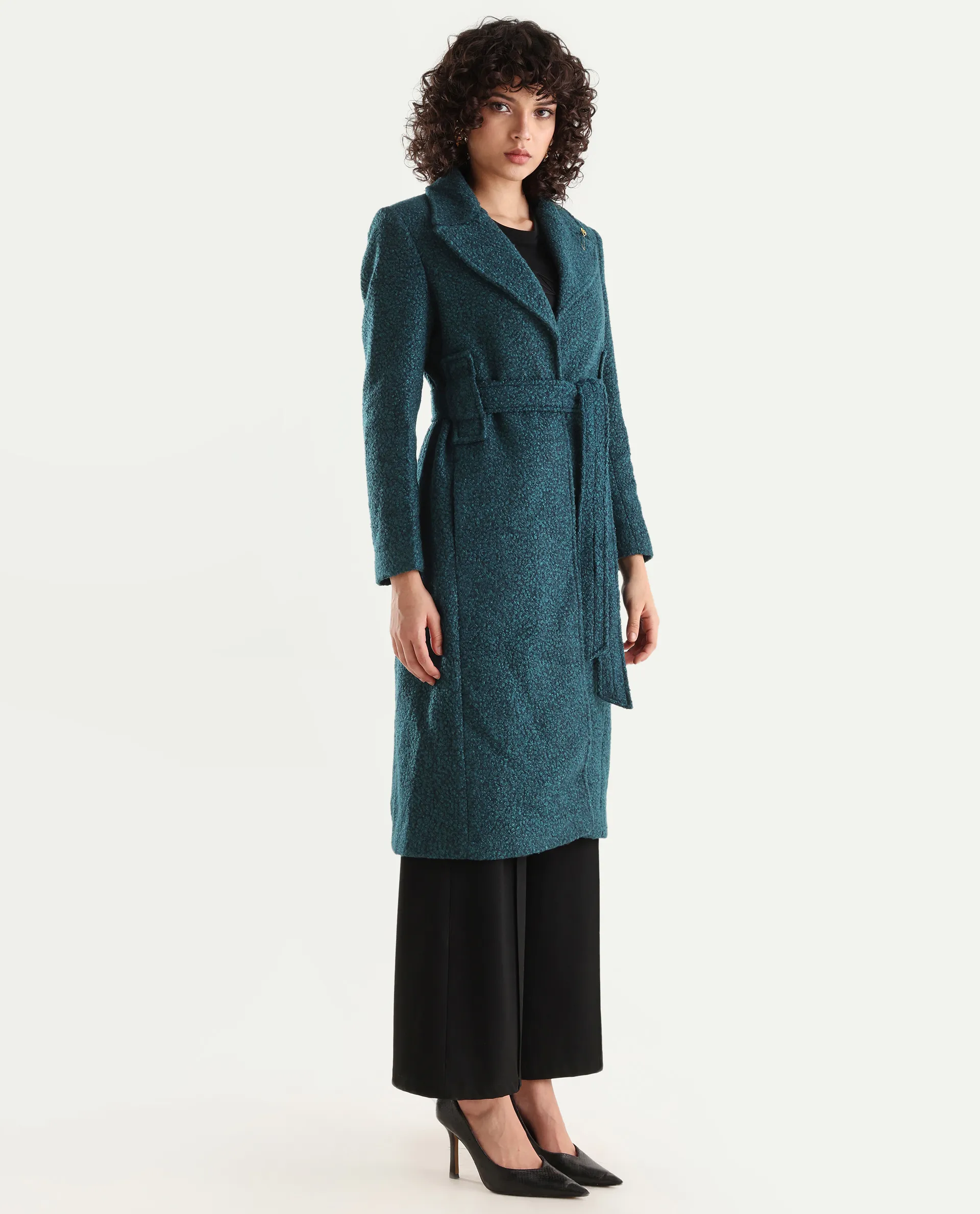 Rareism Women's Gisbor Teal Cotton Blend Lapel Neck Plain Midi Regular Fit Jacket - Image 4