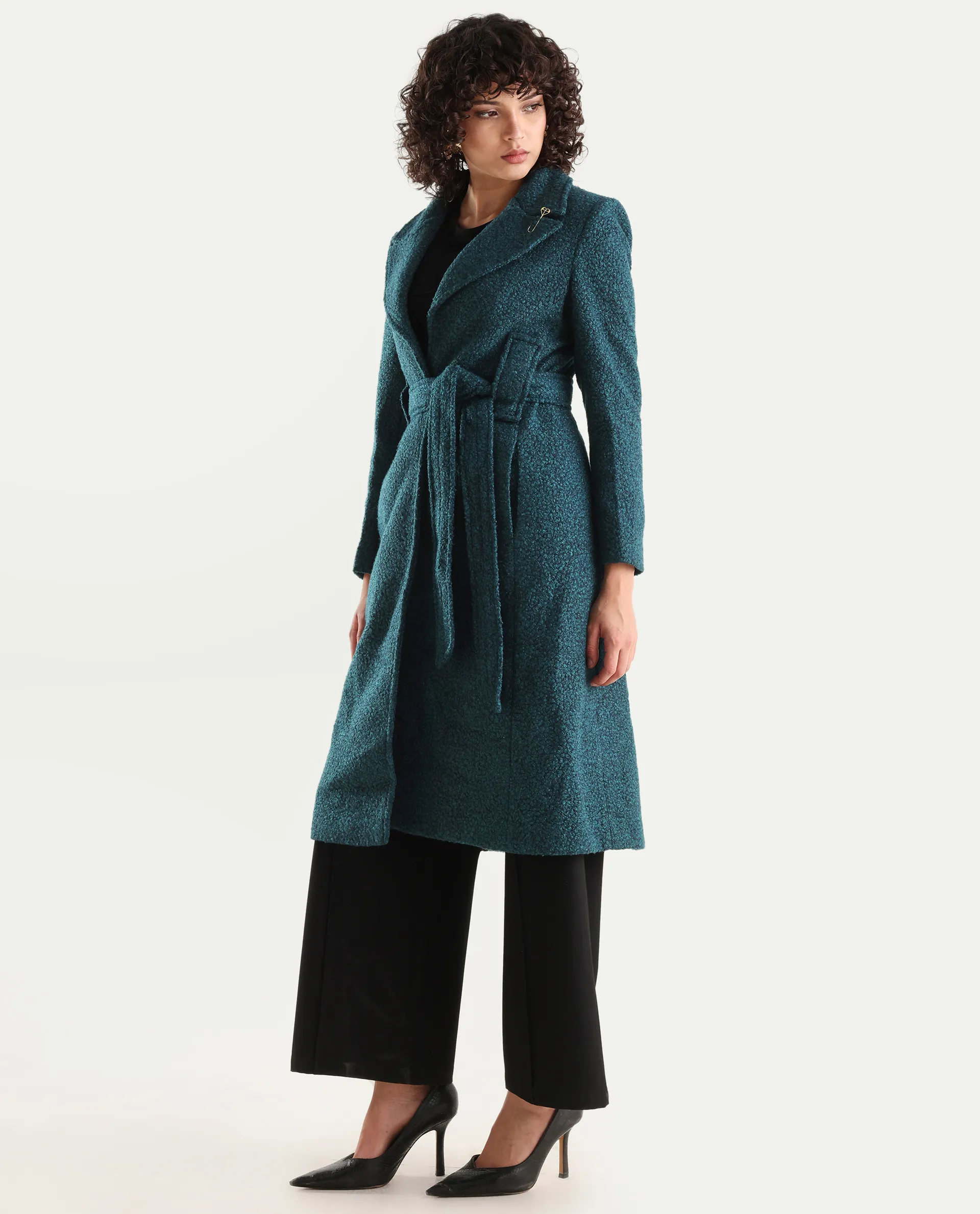 Rareism Women's Gisbor Teal Cotton Blend Lapel Neck Plain Midi Regular Fit Jacket - Image 5