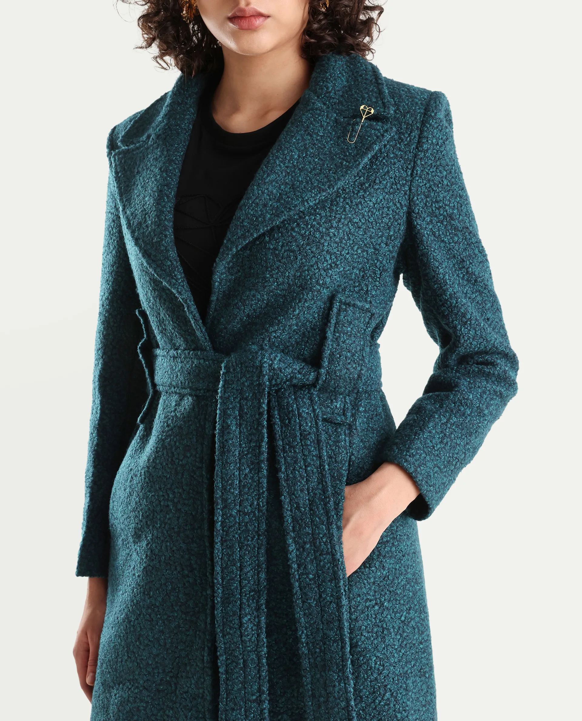 Rareism Women's Gisbor Teal Cotton Blend Lapel Neck Plain Midi Regular Fit Jacket - Image 6