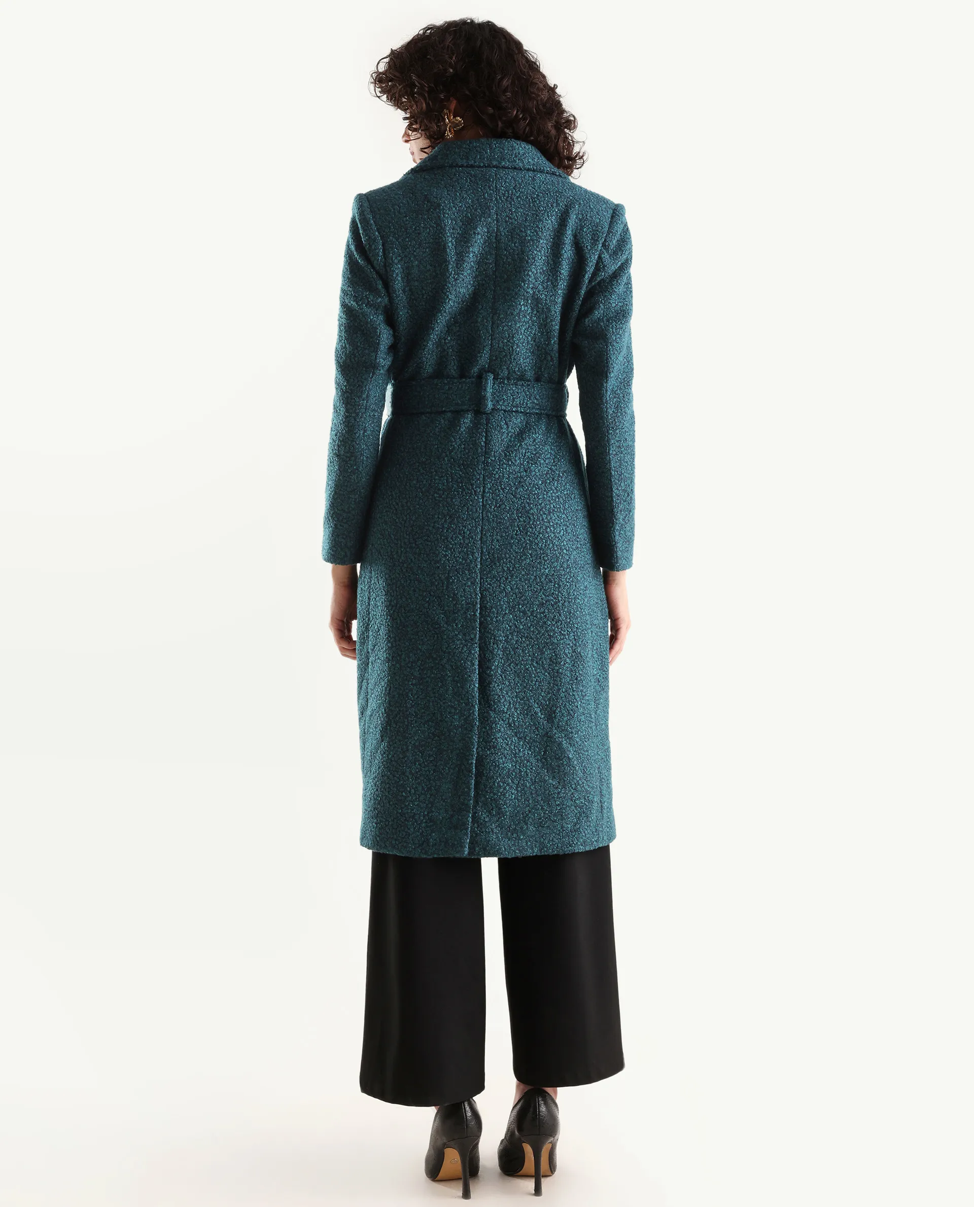 Rareism Women's Gisbor Teal Cotton Blend Lapel Neck Plain Midi Regular Fit Jacket - Image 7