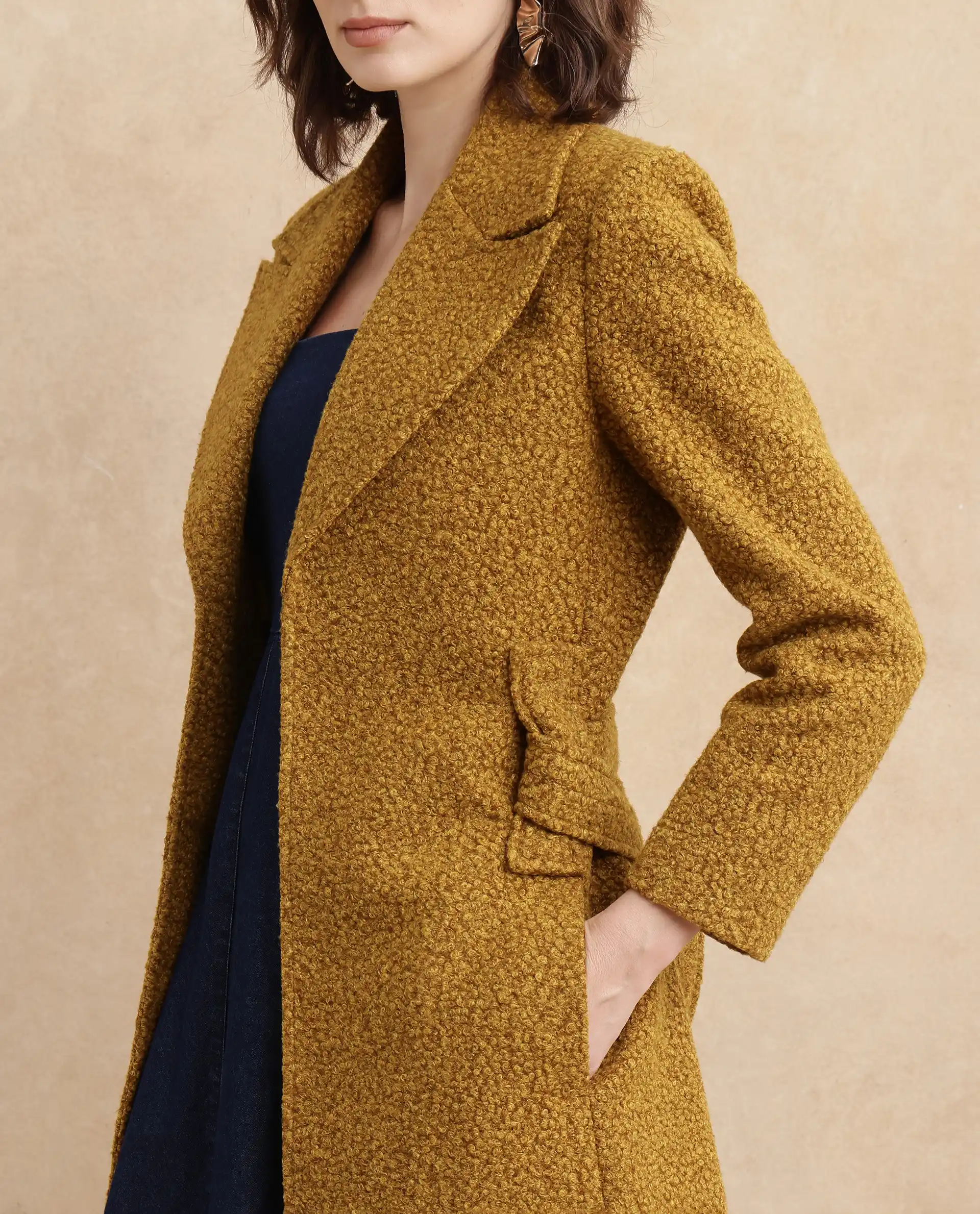 Rareism Women's Gisbor Yellow Sherpa Lapel Neck Plain Midi Regular Fit Jacket - Image 2