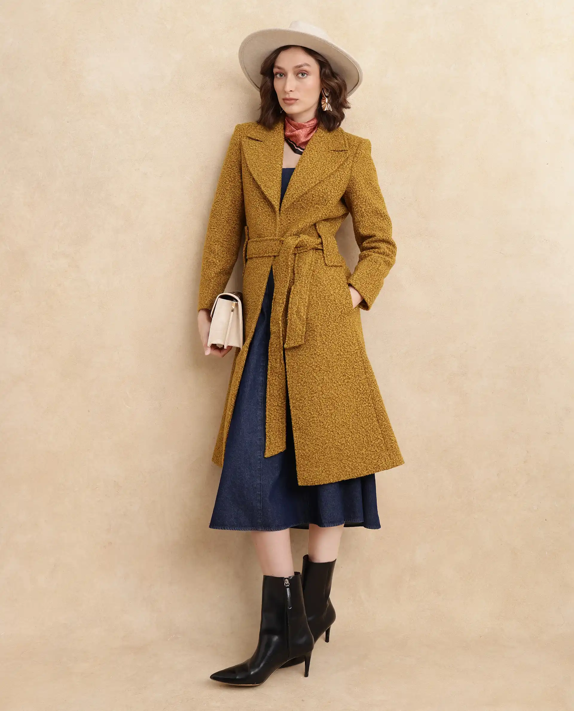 Rareism Women's Gisbor Yellow Sherpa Lapel Neck Plain Midi Regular Fit Jacket - Image 4