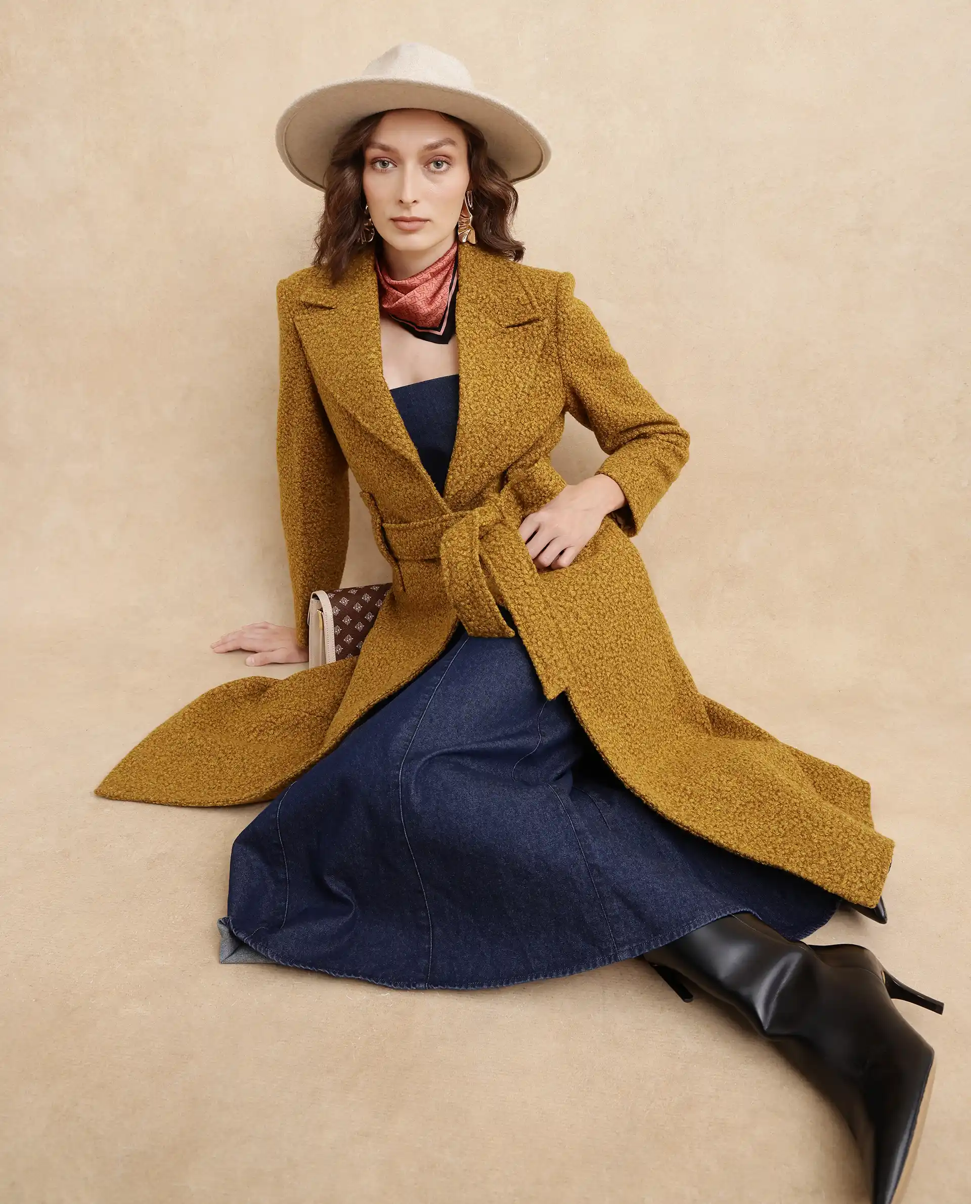 Rareism Women's Gisbor Yellow Sherpa Lapel Neck Plain Midi Regular Fit Jacket - Image 5