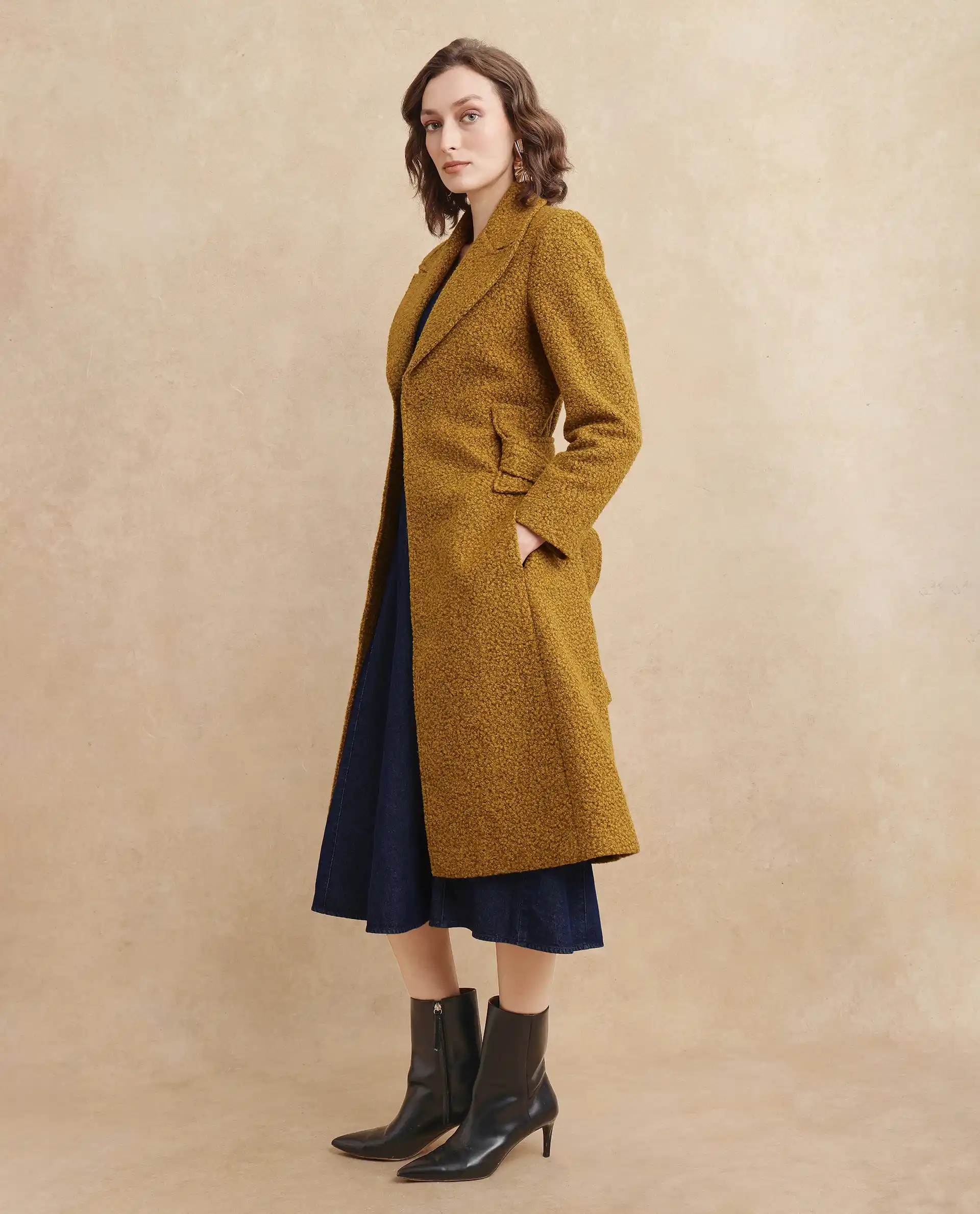 Rareism Women's Gisbor Yellow Sherpa Lapel Neck Plain Midi Regular Fit Jacket - Image 6