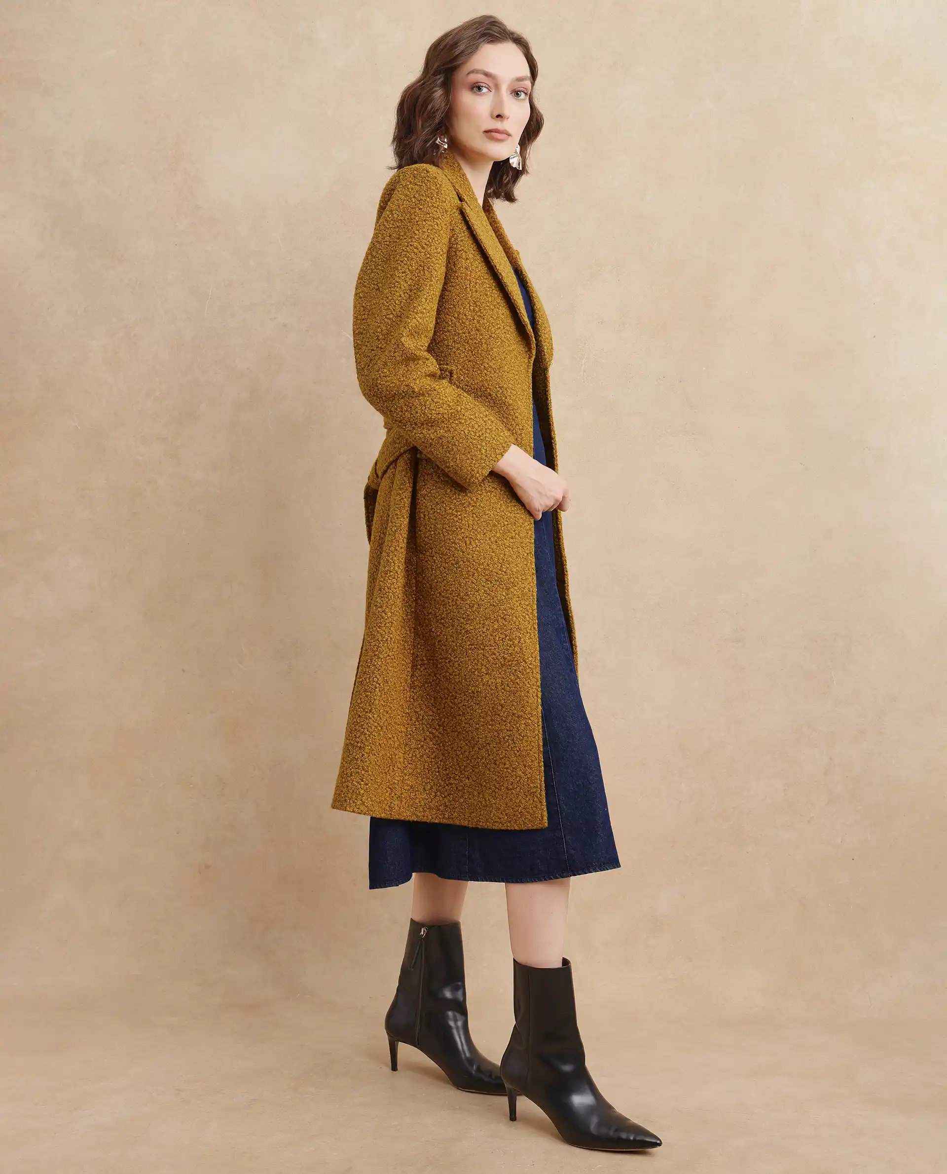 Rareism Women's Gisbor Yellow Sherpa Lapel Neck Plain Midi Regular Fit Jacket - Image 7