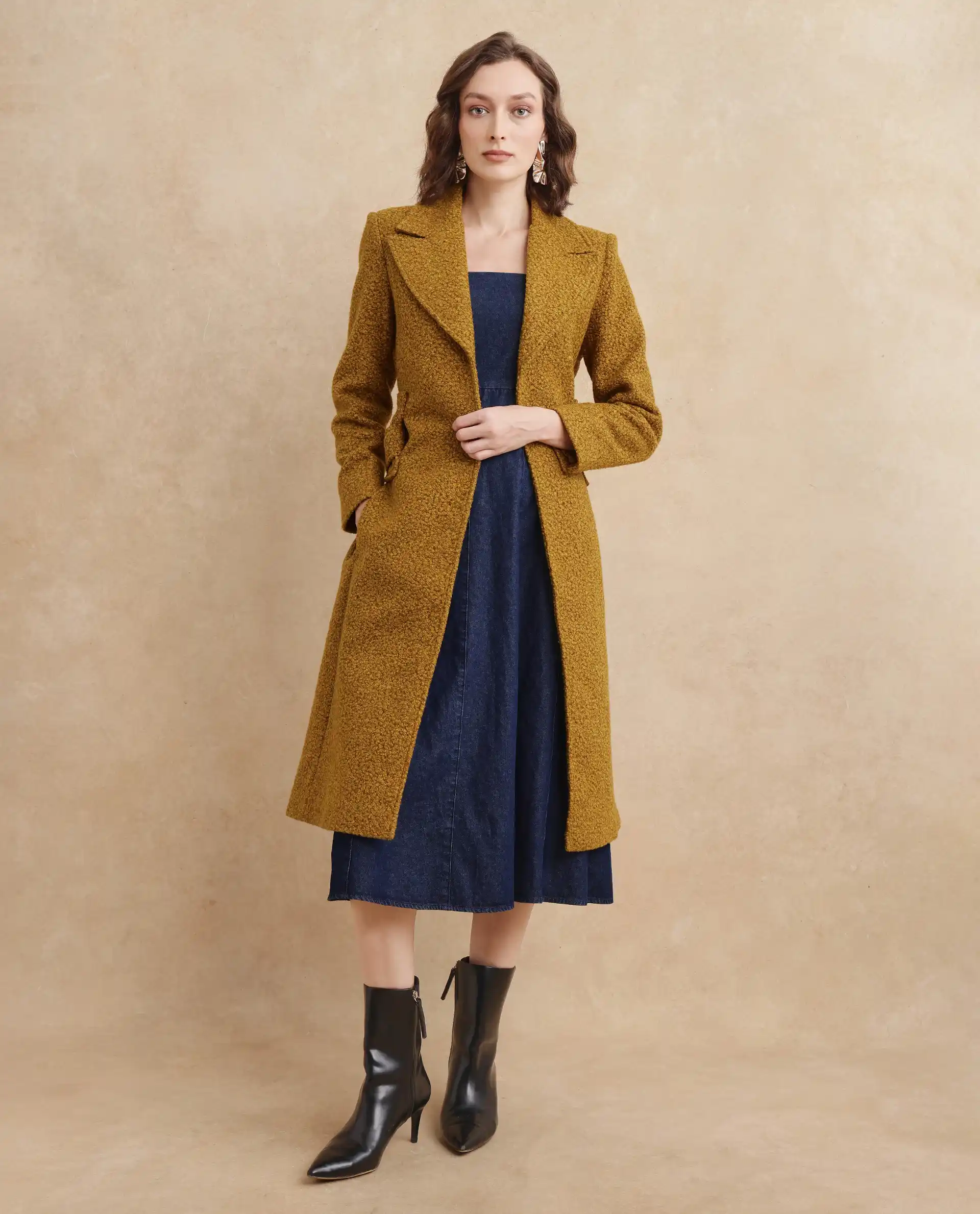 Rareism Women's Gisbor Yellow Sherpa Lapel Neck Plain Midi Regular Fit Jacket - Image 8