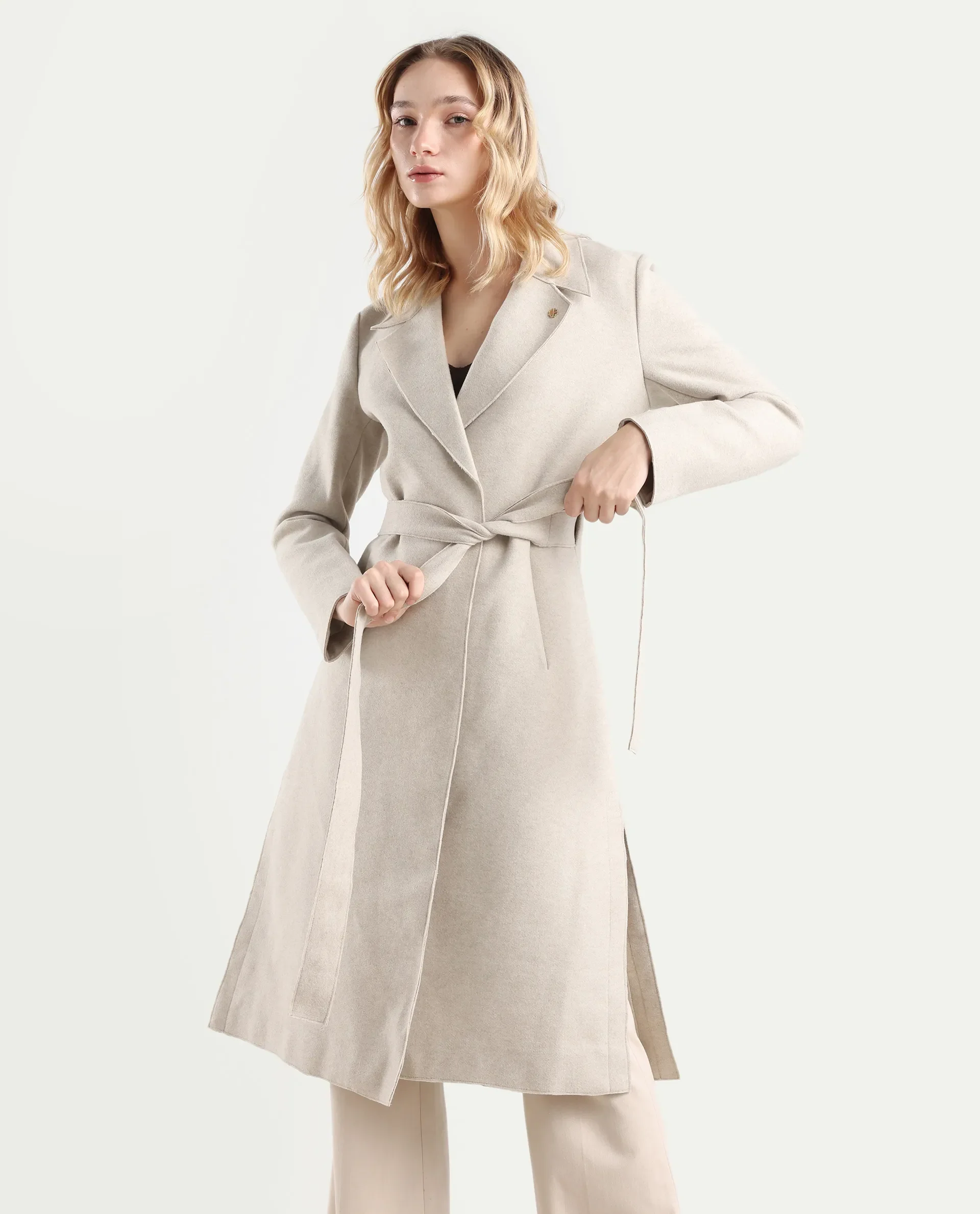 Rareism Women's Gisbory Off White Polyester Blend Lapel Collar Coat Plain Coat - Image 3