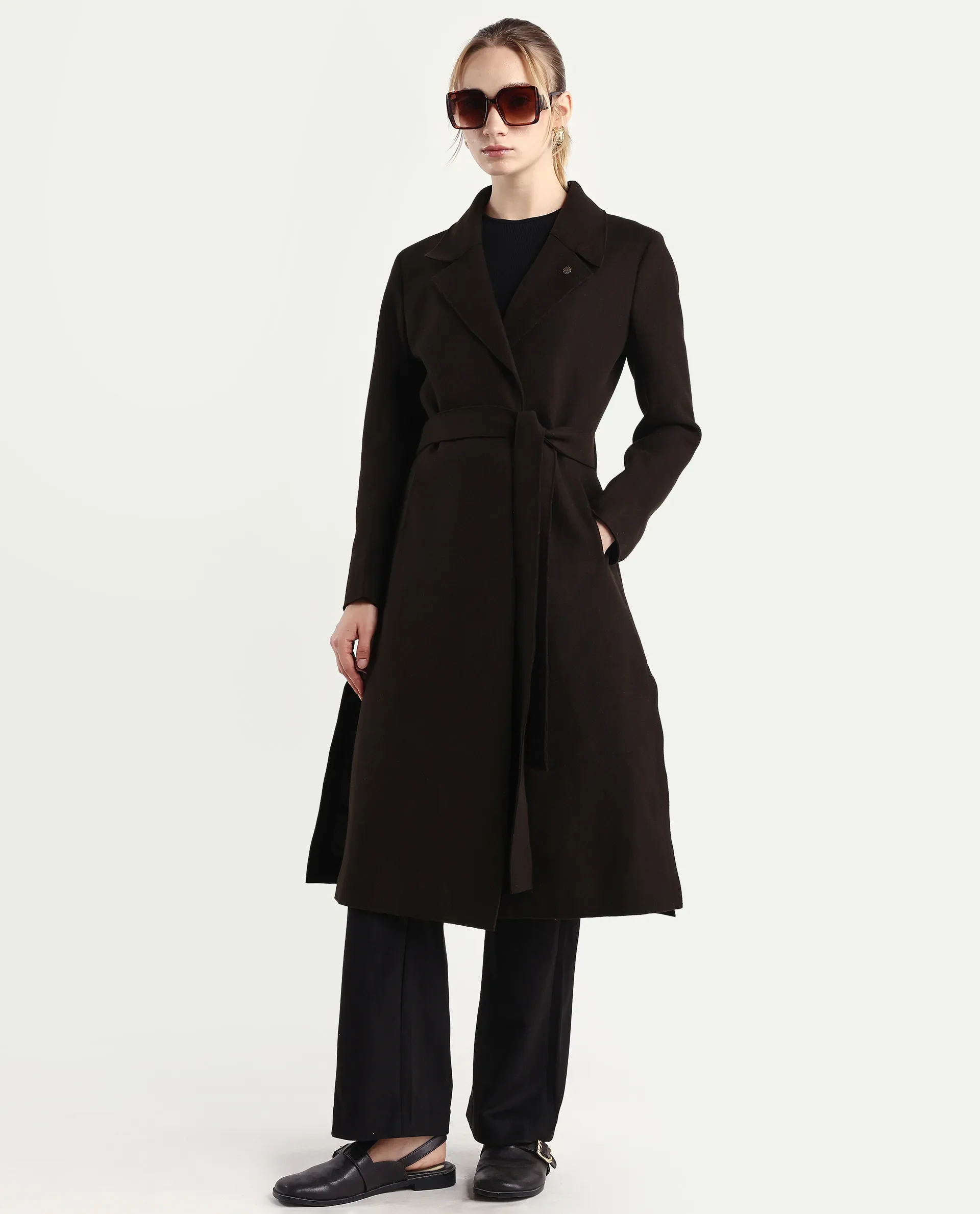 Rareism Women's Gisbory Olive Polyester Blend Lapel Collar Coat Plain Coat