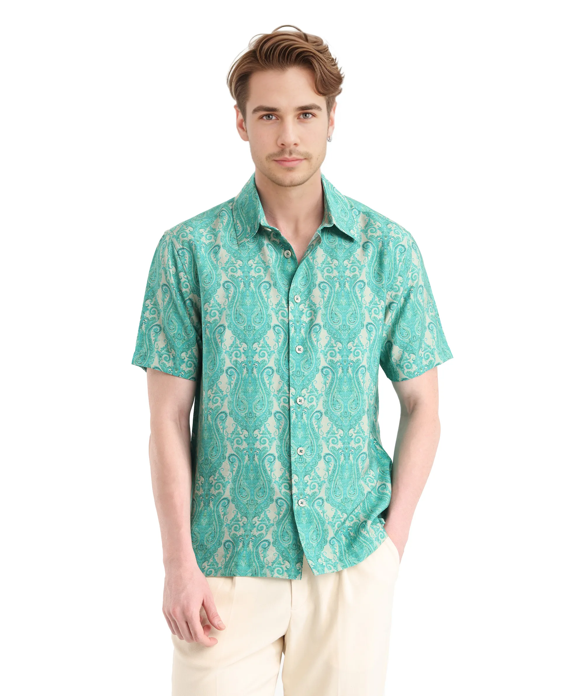 Rare Rabbit Men's Gisda Green Viscose Paisley Print Regular Fit Full Sleeve Collared Shirt
