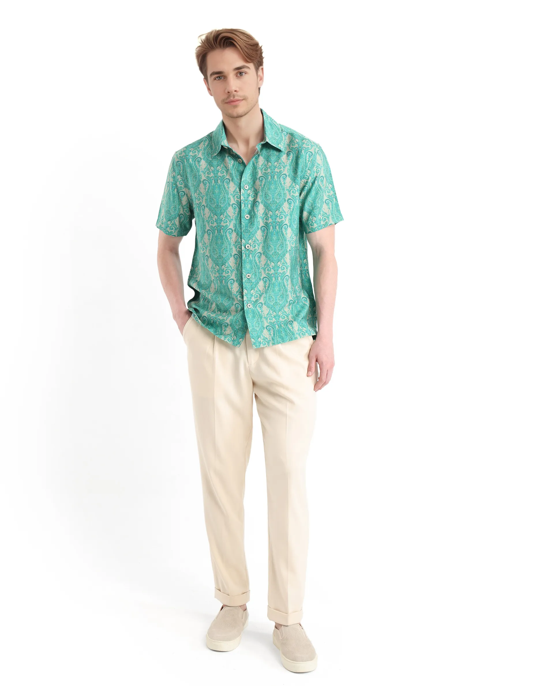 Rare Rabbit Men's Gisda Green Viscose Paisley Print Regular Fit Full Sleeve Collared Shirt - Image 2