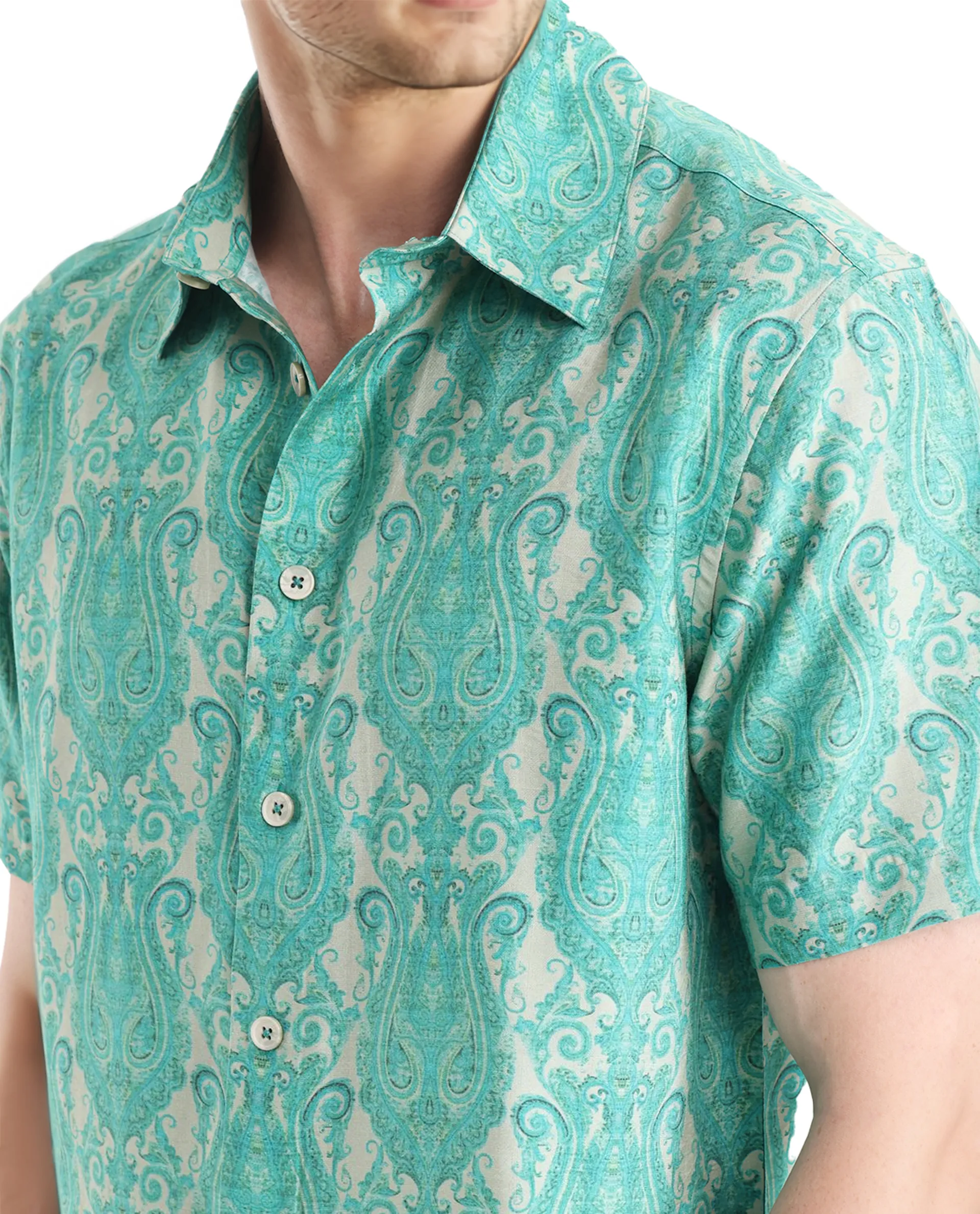 Rare Rabbit Men's Gisda Green Viscose Paisley Print Regular Fit Full Sleeve Collared Shirt - Image 3