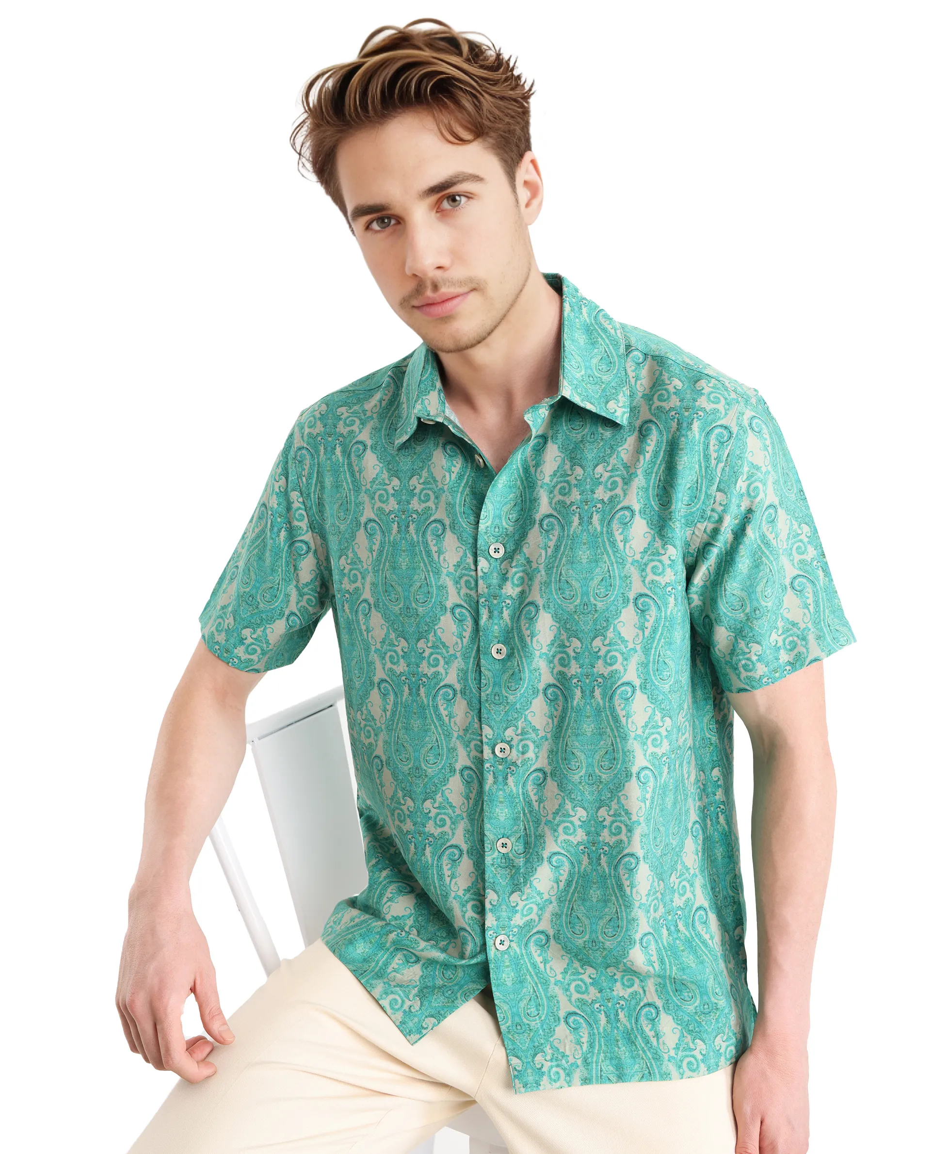 Rare Rabbit Men's Gisda Green Viscose Paisley Print Regular Fit Full Sleeve Collared Shirt - Image 5