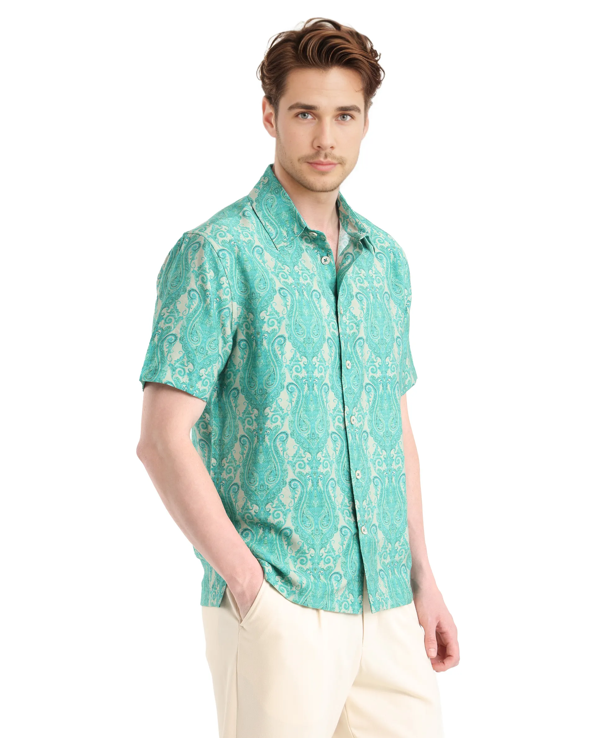 Rare Rabbit Men's Gisda Green Viscose Paisley Print Regular Fit Full Sleeve Collared Shirt - Image 7
