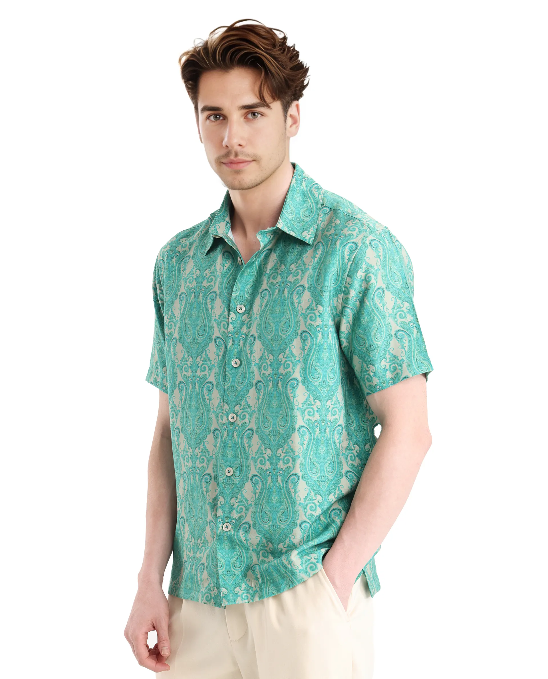 Rare Rabbit Men's Gisda Green Viscose Paisley Print Regular Fit Full Sleeve Collared Shirt - Image 8