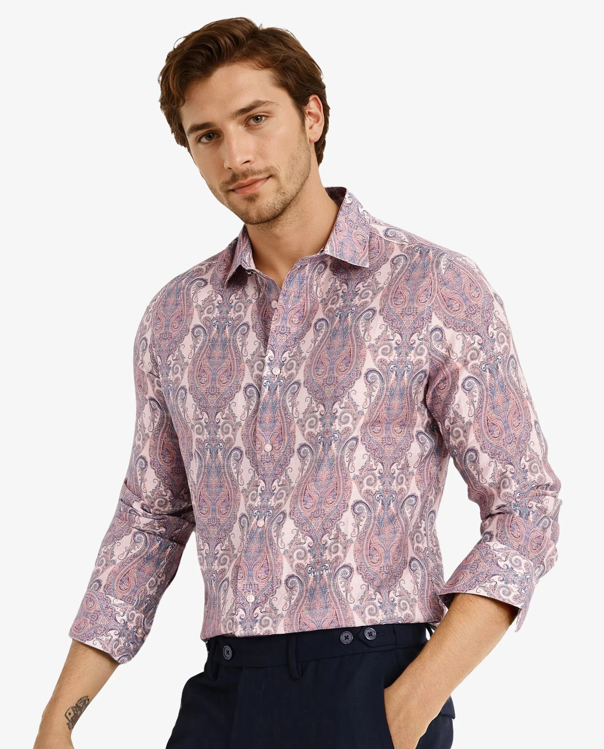 Rare Rabbit Men's Gisda Pastel Pink Viscose Paisley Print Regular Fit Full Sleeve Collared Shirt