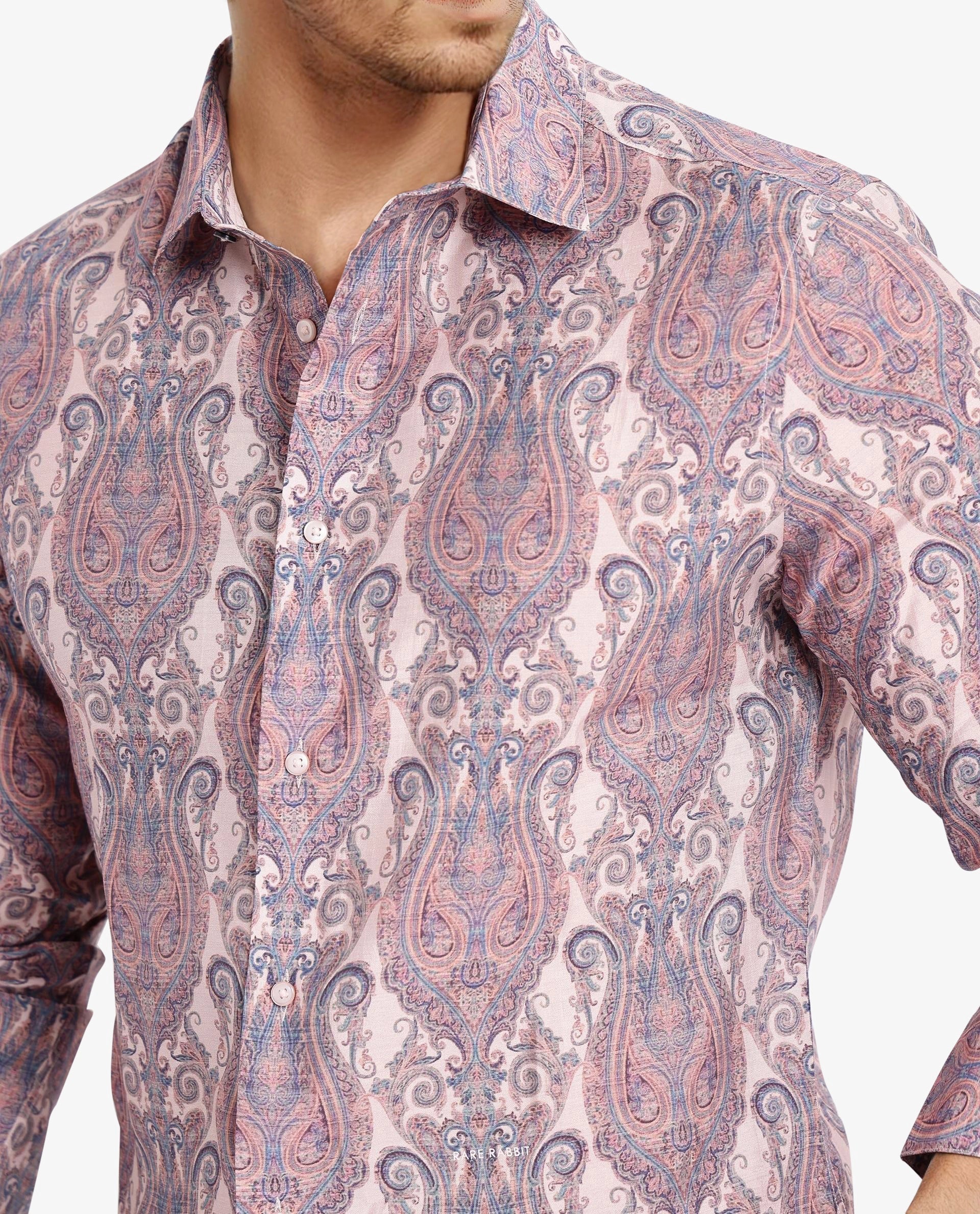 Rare Rabbit Men's Gisda Pastel Pink Viscose Paisley Print Regular Fit Full Sleeve Collared Shirt - Image 4