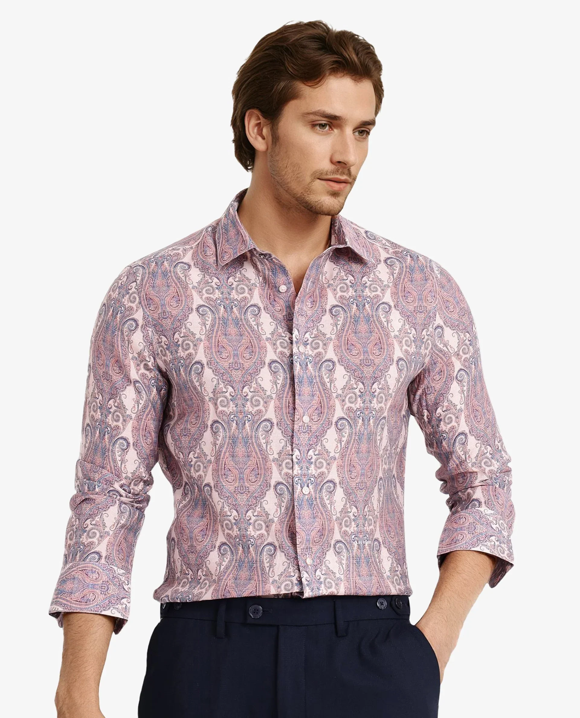 Rare Rabbit Men's Gisda Pastel Pink Viscose Paisley Print Regular Fit Full Sleeve Collared Shirt - Image 5