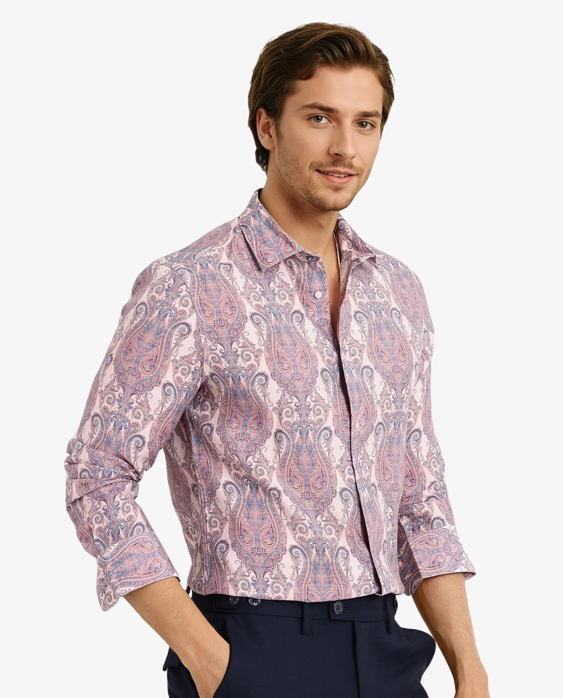 Rare Rabbit Men's Gisda Pastel Pink Viscose Paisley Print Regular Fit Full Sleeve Collared Shirt - Image 6