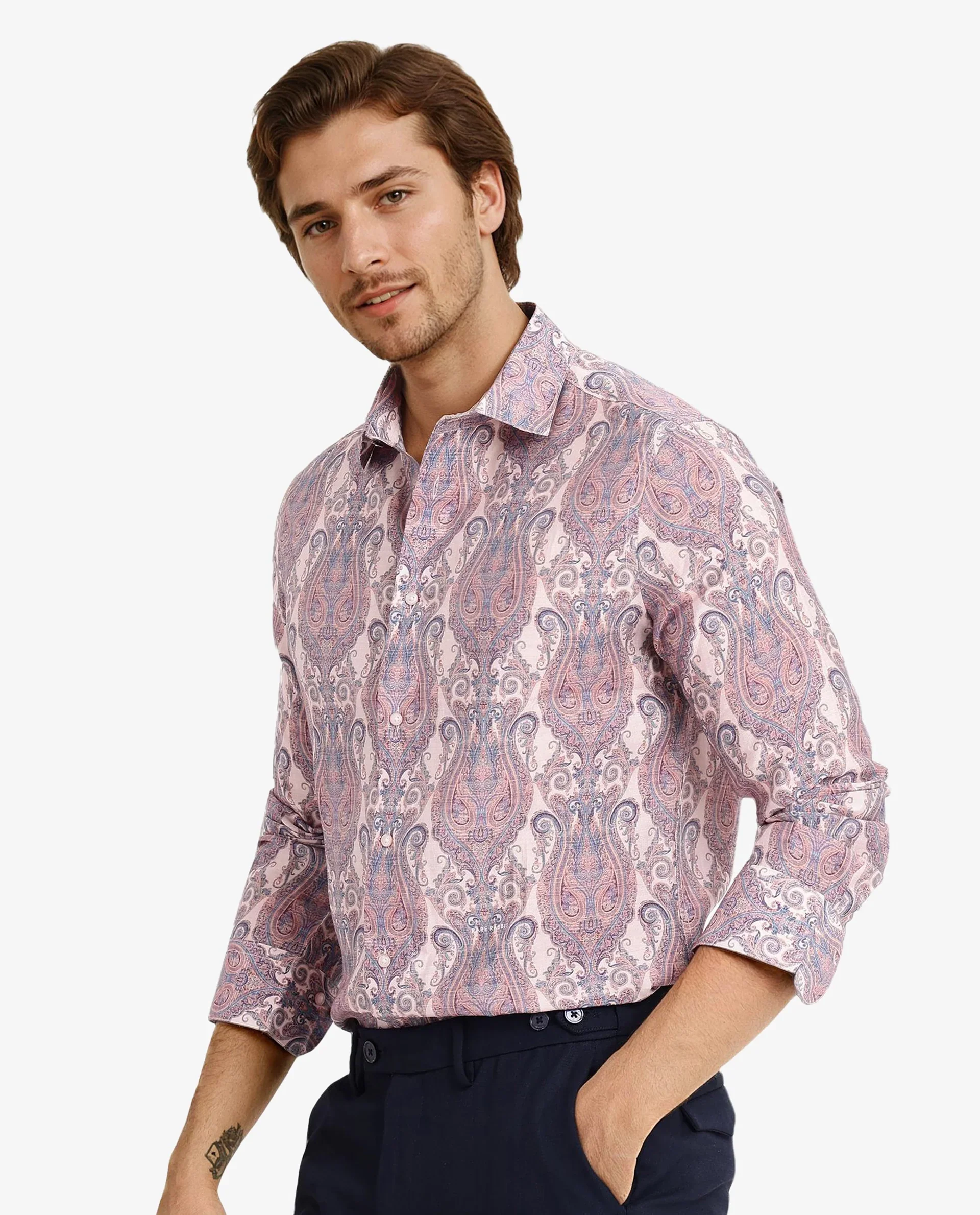 Rare Rabbit Men's Gisda Pastel Pink Viscose Paisley Print Regular Fit Full Sleeve Collared Shirt - Image 7