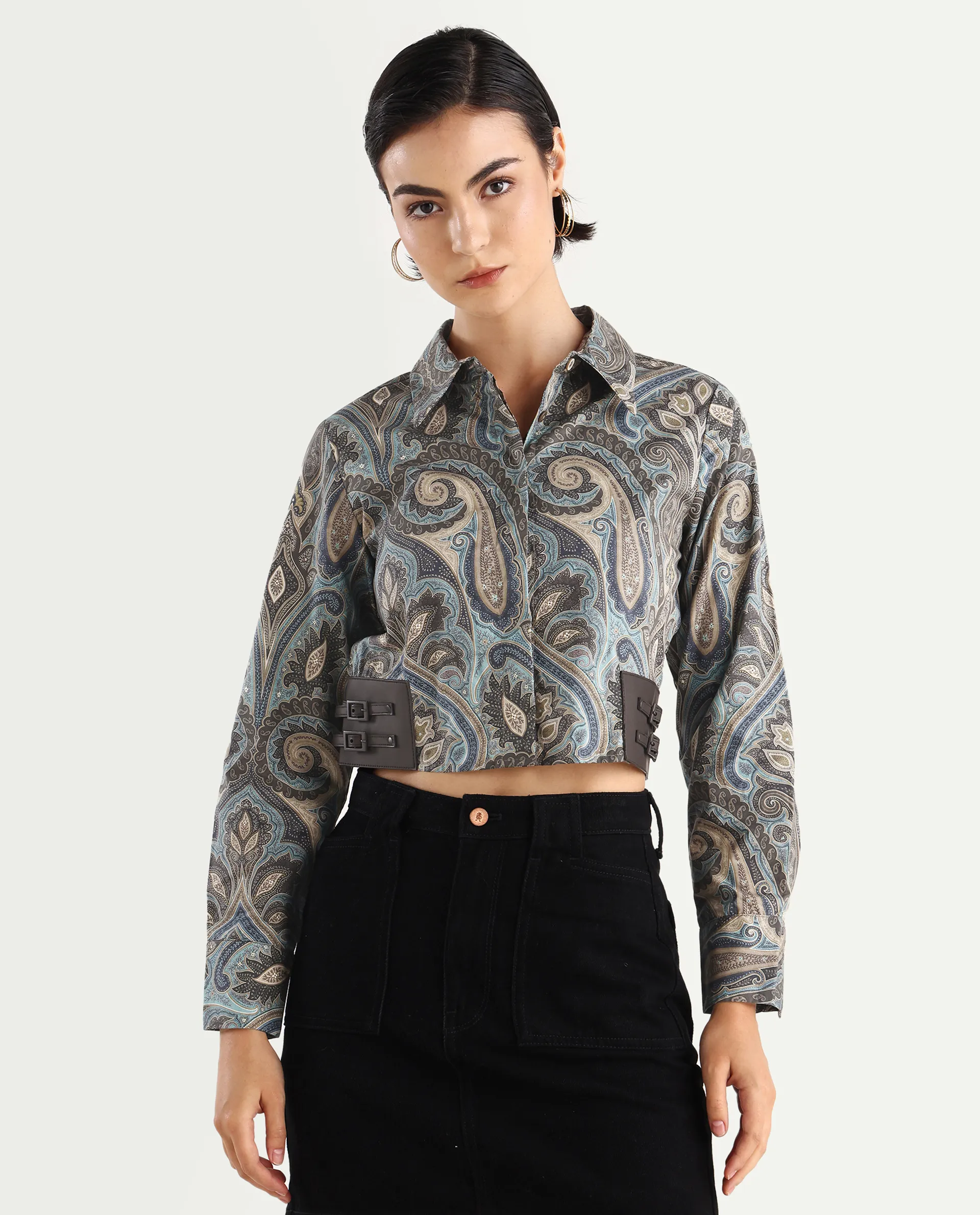 Rareism Women's Gister Multi Cotton Drop Collar Paisley Print Cuffed Sleeve Crop Regular Fit Shirt - Image 3