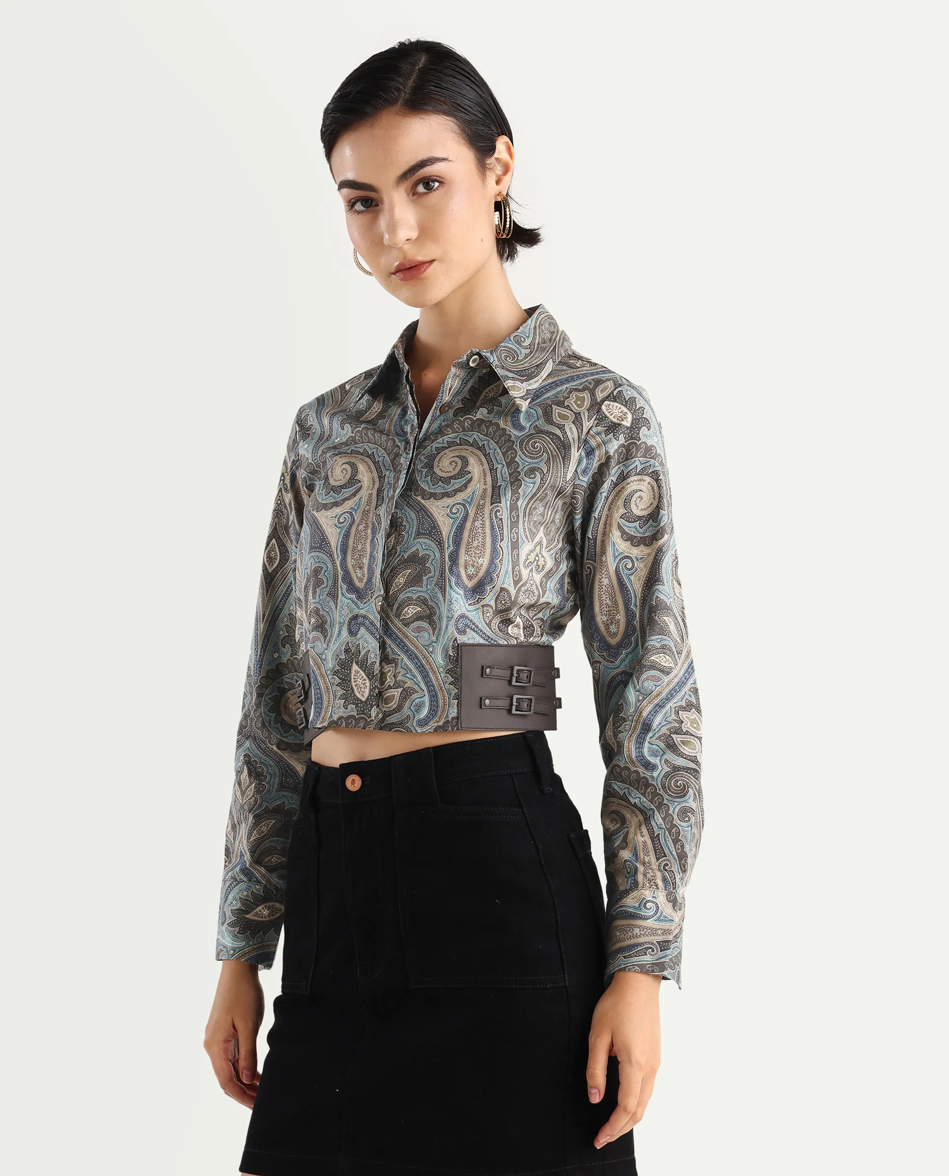Rareism Women's Gister Multi Cotton Drop Collar Paisley Print Cuffed Sleeve Crop Regular Fit Shirt - Image 6