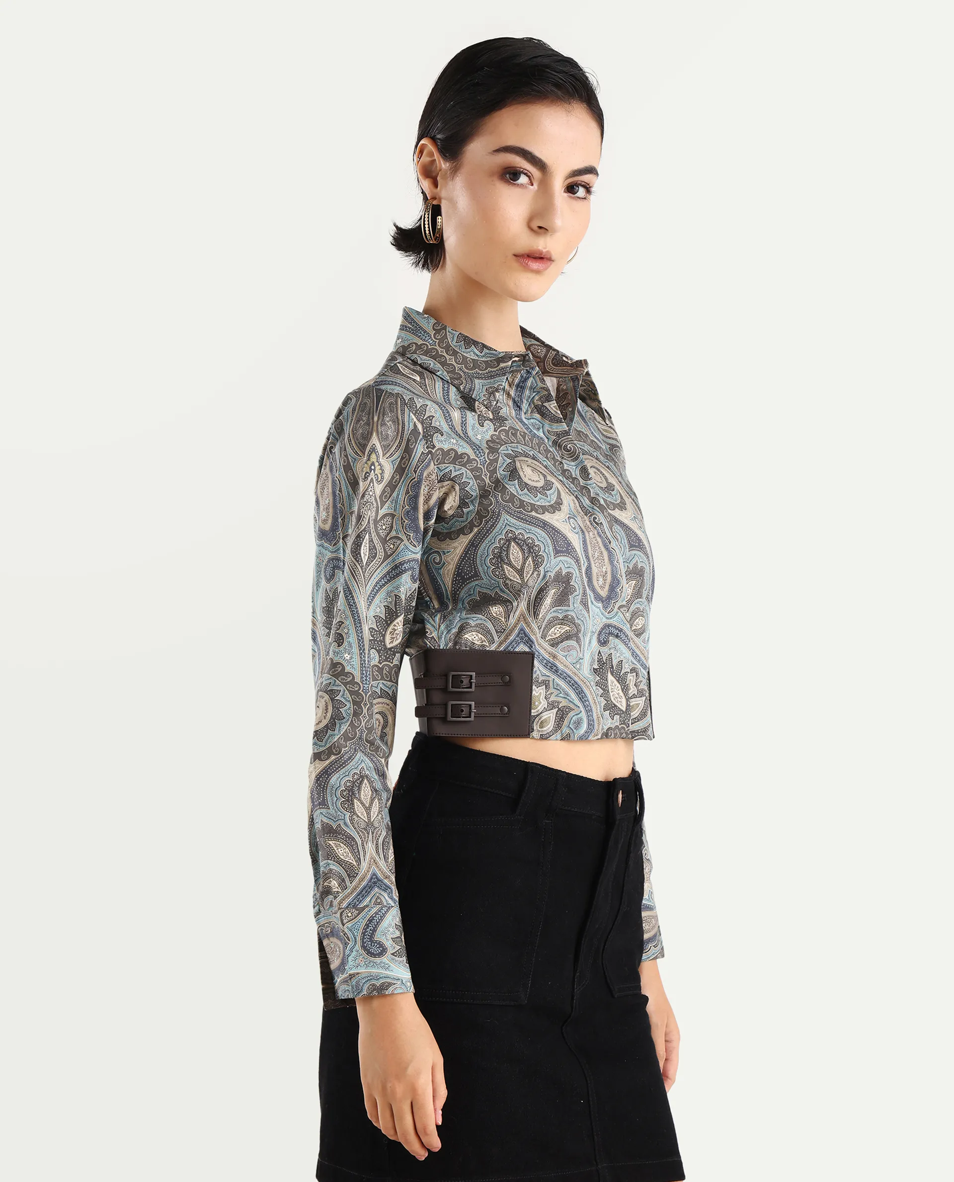 Rareism Women's Gister Multi Cotton Drop Collar Paisley Print Cuffed Sleeve Crop Regular Fit Shirt - Image 7