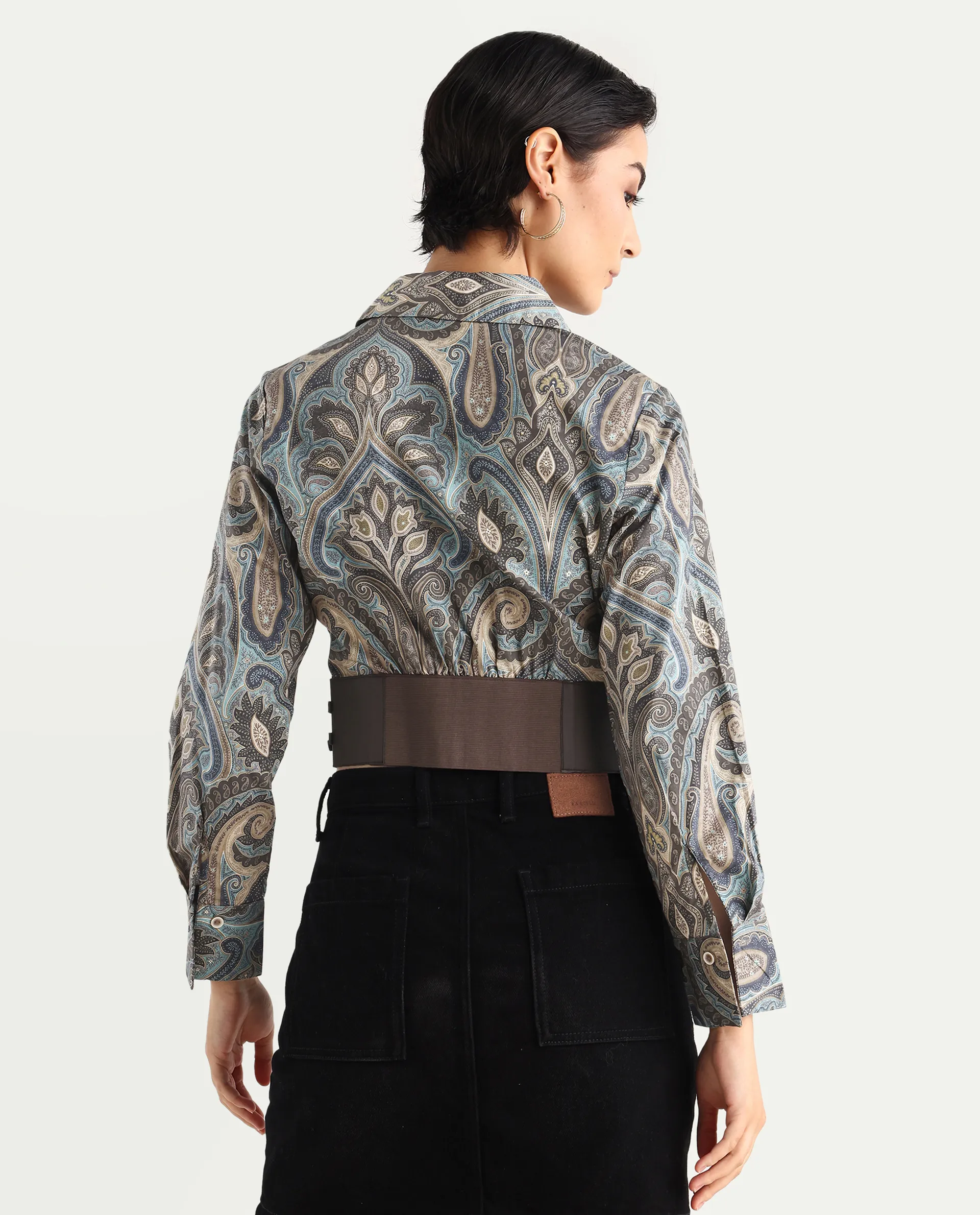 Rareism Women's Gister Multi Cotton Drop Collar Paisley Print Cuffed Sleeve Crop Regular Fit Shirt - Image 8