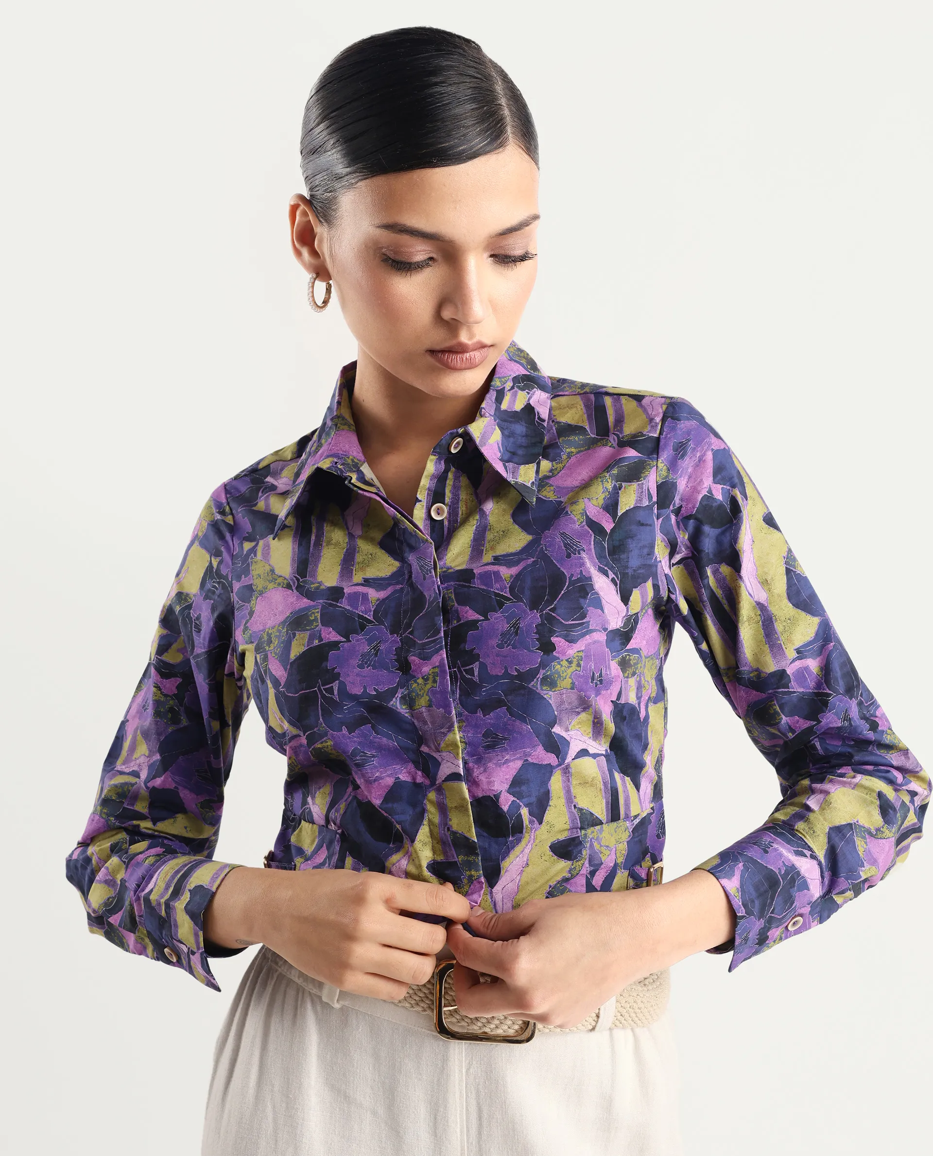 Rareism Women's Gistero Multi Cotton Spread Collar Abstract Print Cuffed Sleeve Crop Regular Fit Top