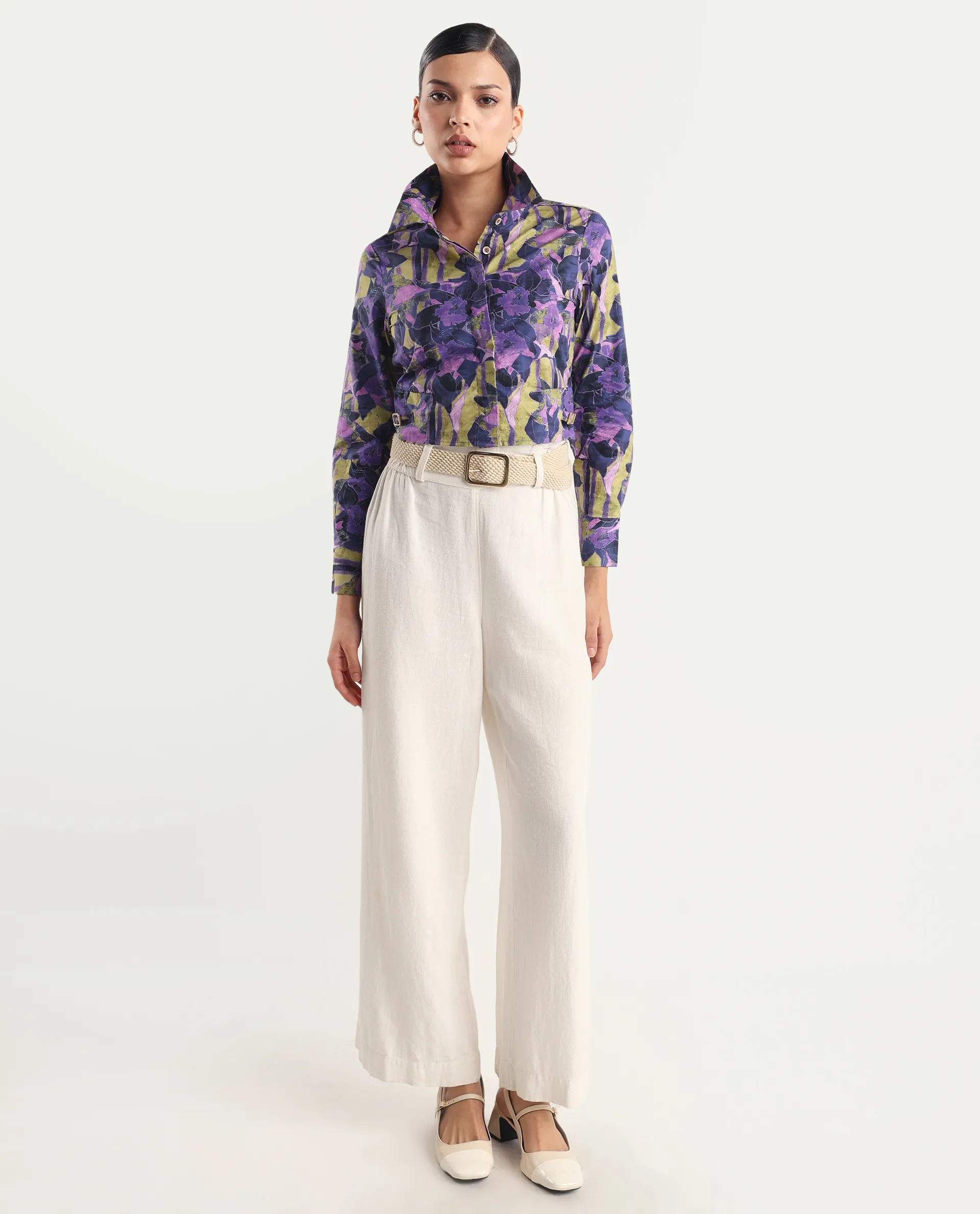 Rareism Women's Gistero Multi Cotton Spread Collar Abstract Print Cuffed Sleeve Crop Regular Fit Top - Image 2