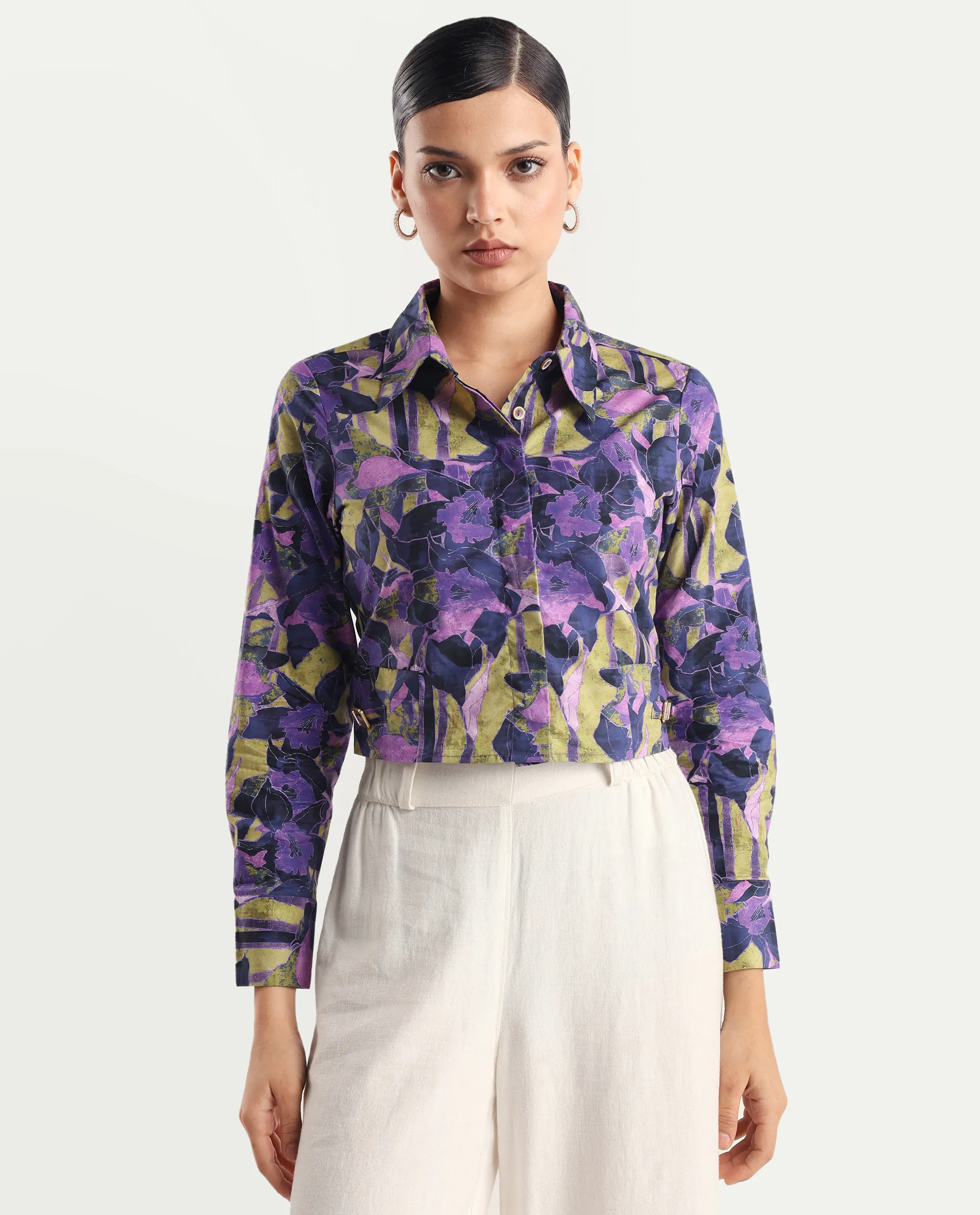 Rareism Women's Gistero Multi Cotton Spread Collar Abstract Print Cuffed Sleeve Crop Regular Fit Top - Image 4