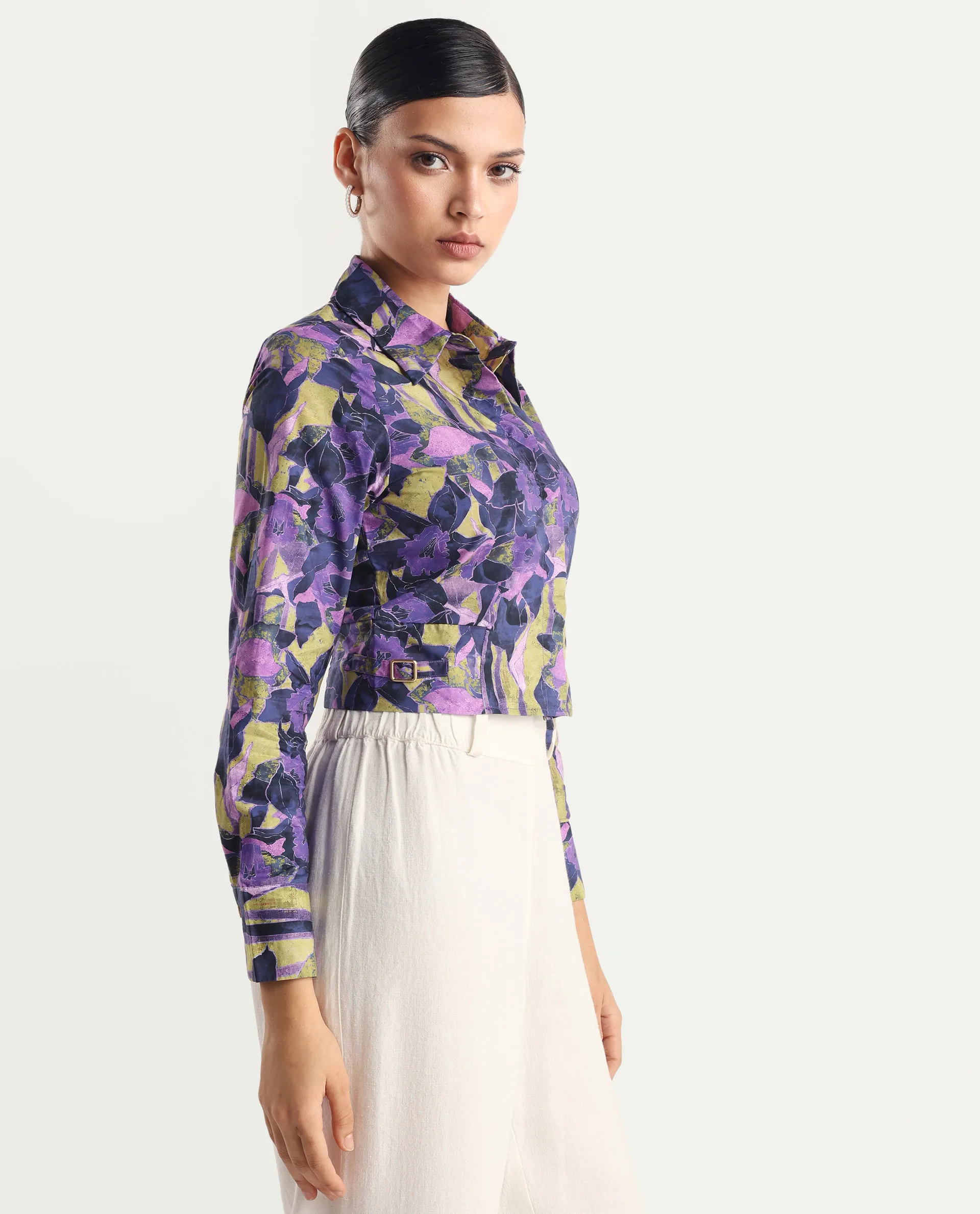 Rareism Women's Gistero Multi Cotton Spread Collar Abstract Print Cuffed Sleeve Crop Regular Fit Top - Image 5