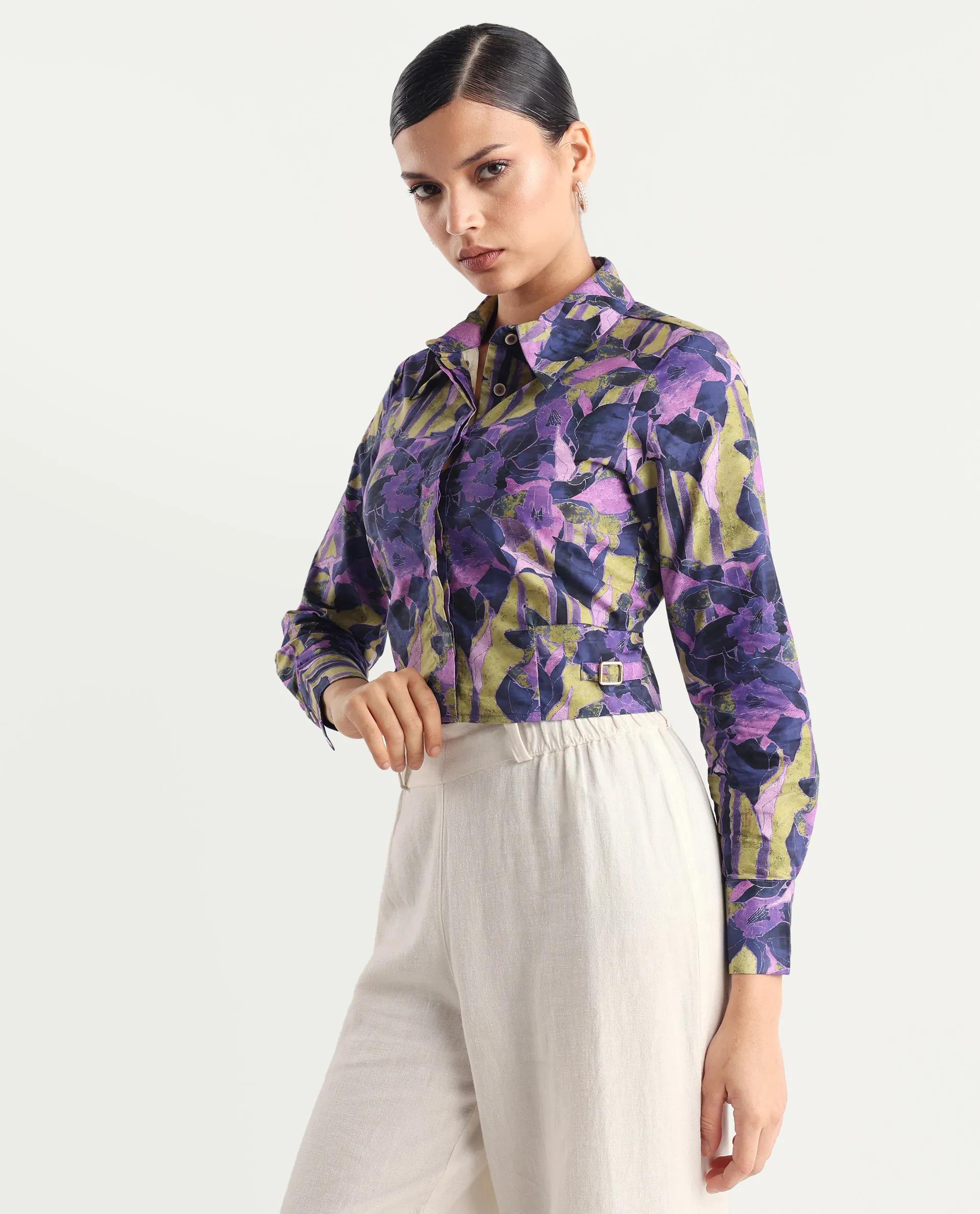Rareism Women's Gistero Multi Cotton Spread Collar Abstract Print Cuffed Sleeve Crop Regular Fit Top - Image 6